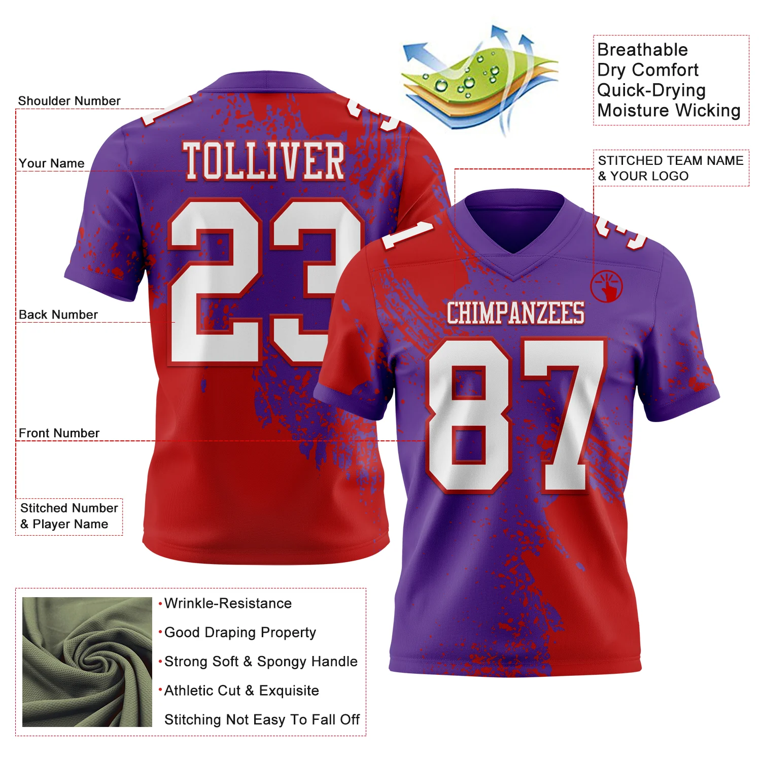 Custom Purple White-Red 3D Pattern Abstract Brush Stroke Authentic Football Jersey