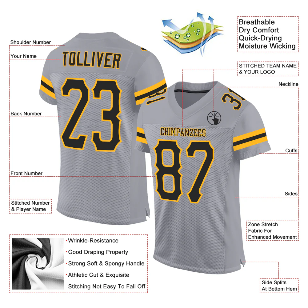 Custom Light Gray Black-Gold Mesh Authentic Football Jersey
