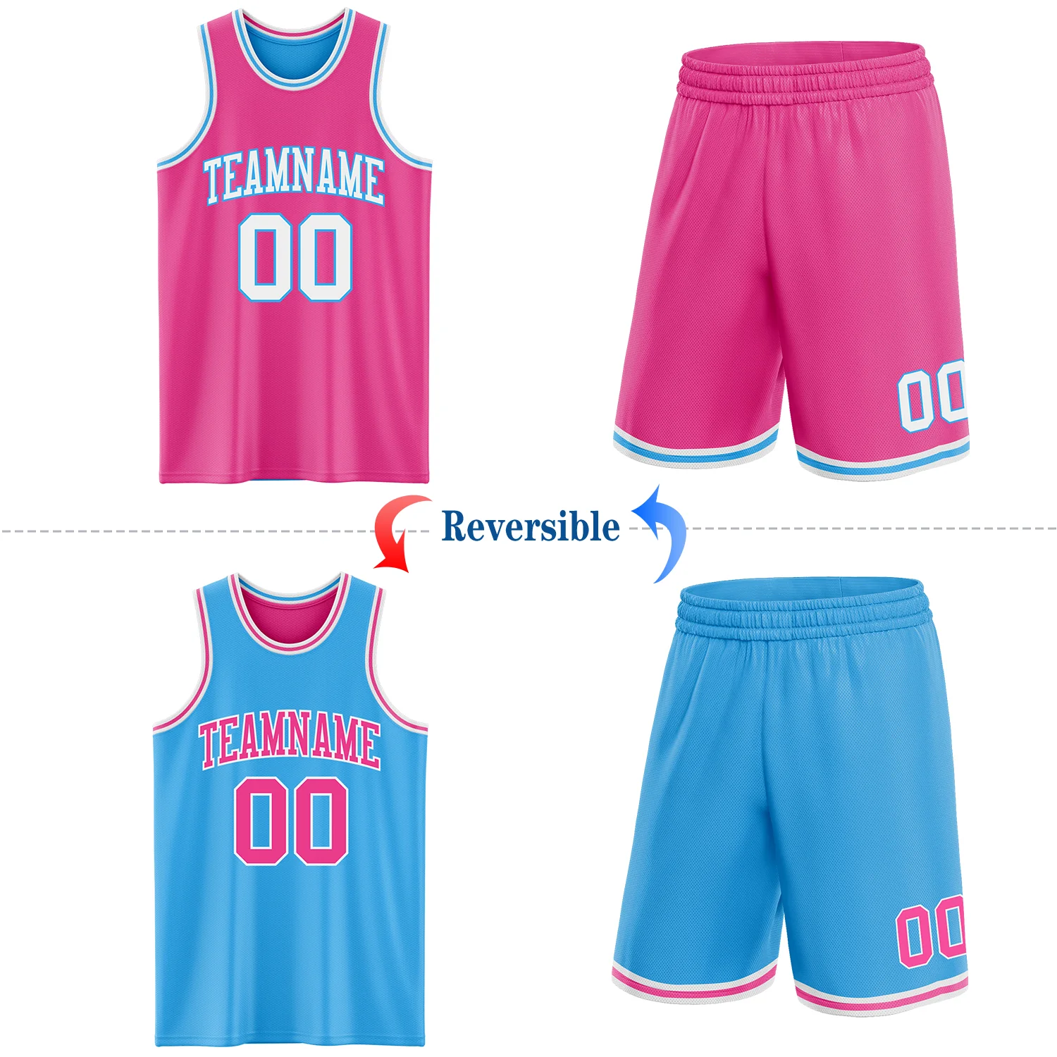 Custom Reversible Pink White-Sky Blue Double Side Sublimation Basketball Suit Jersey