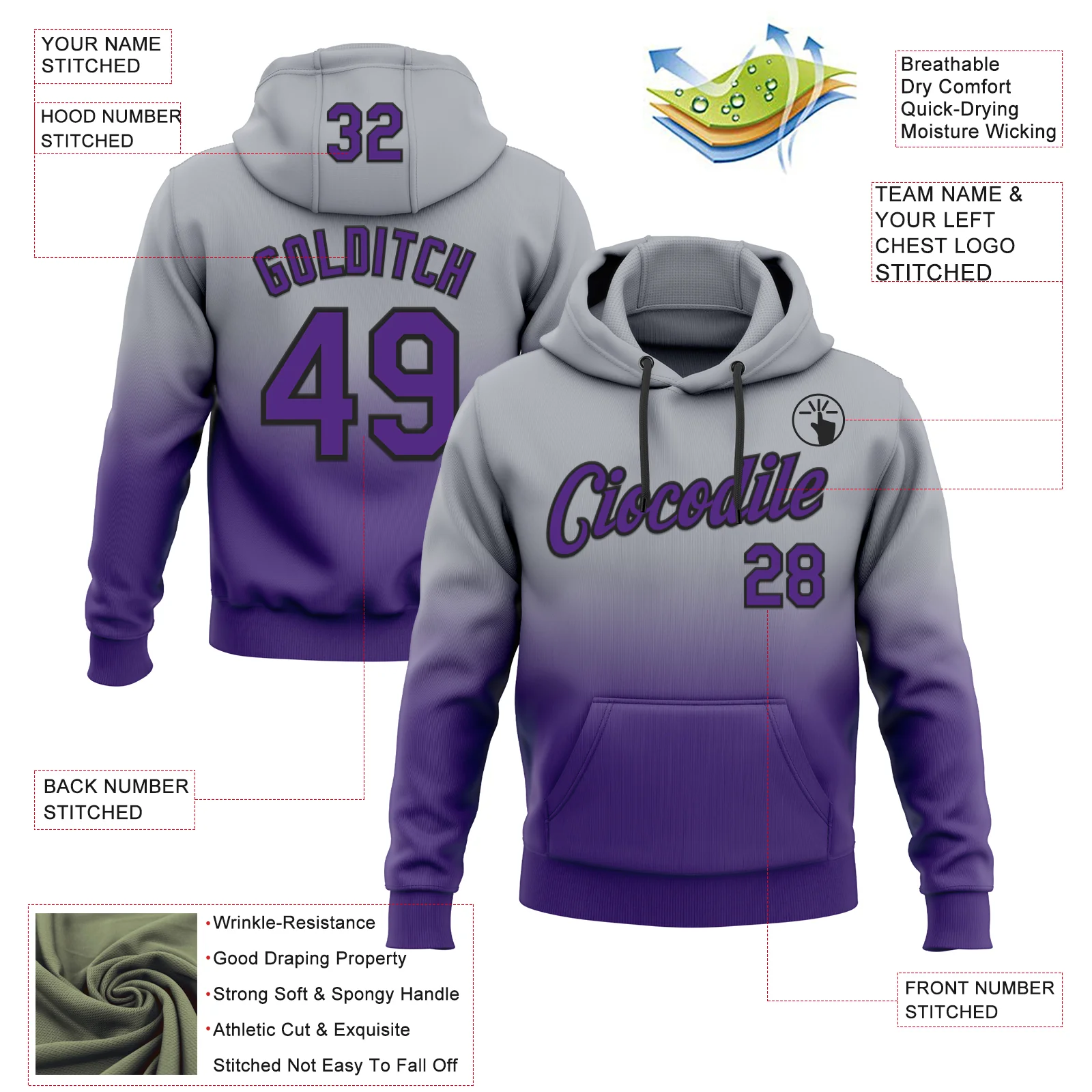 Custom Stitched Gray Purple-Black Fade Fashion Sports Pullover Sweatshirt Hoodie