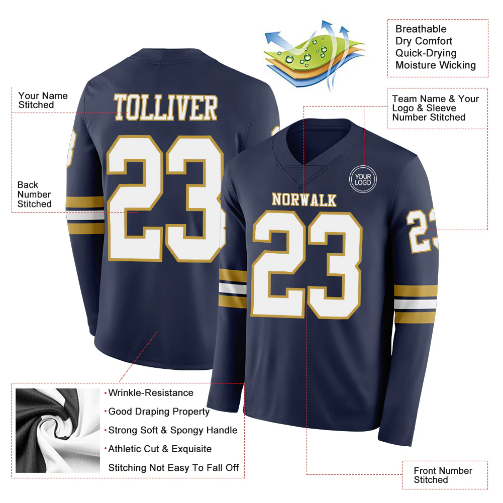 Custom Navy White-Old Gold Long Sleeve Authentic Football Jersey