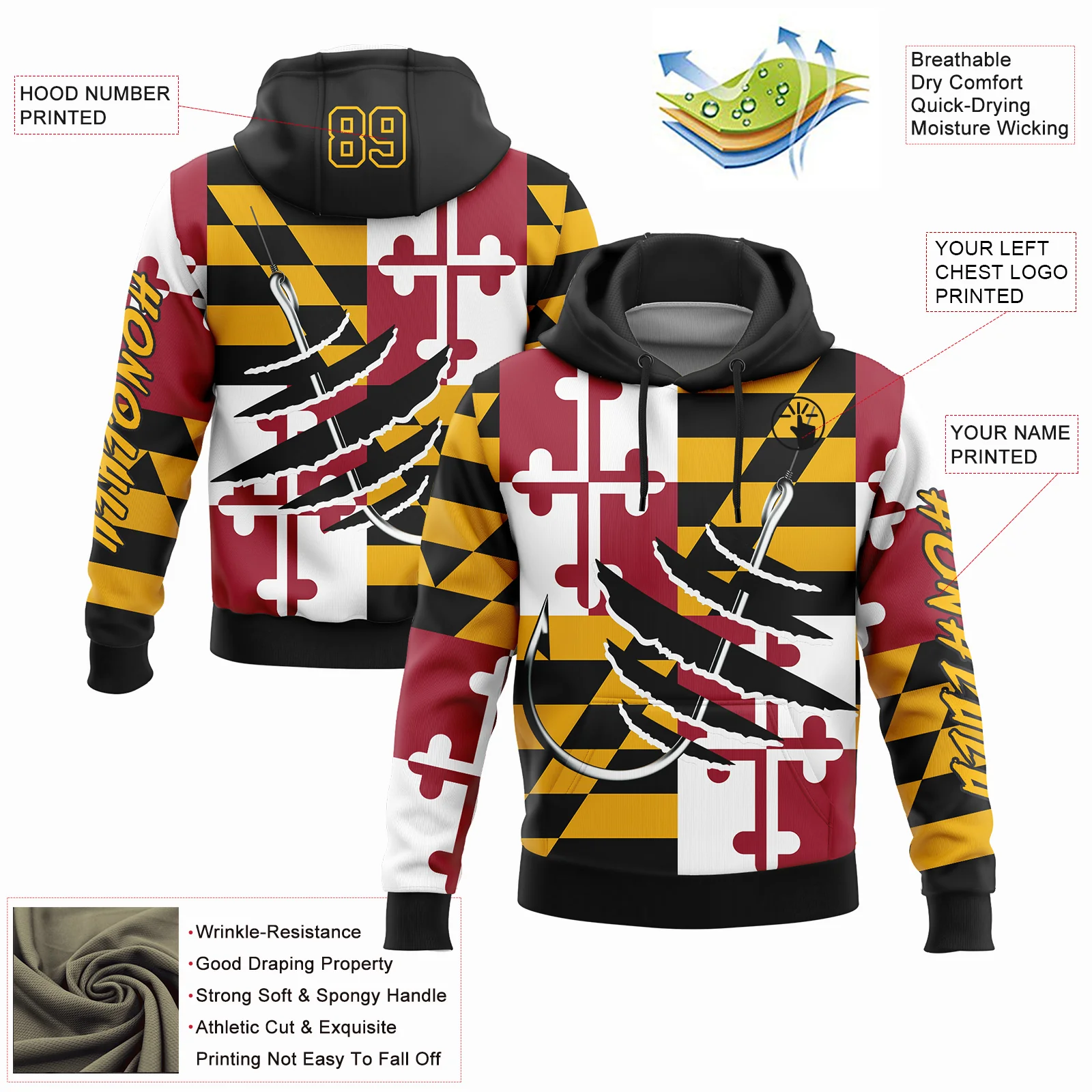 Custom Gold Black-Red 3D Maryland Flag And Fish Hook Fishing Sports Pullover Sweatshirt Hoodie