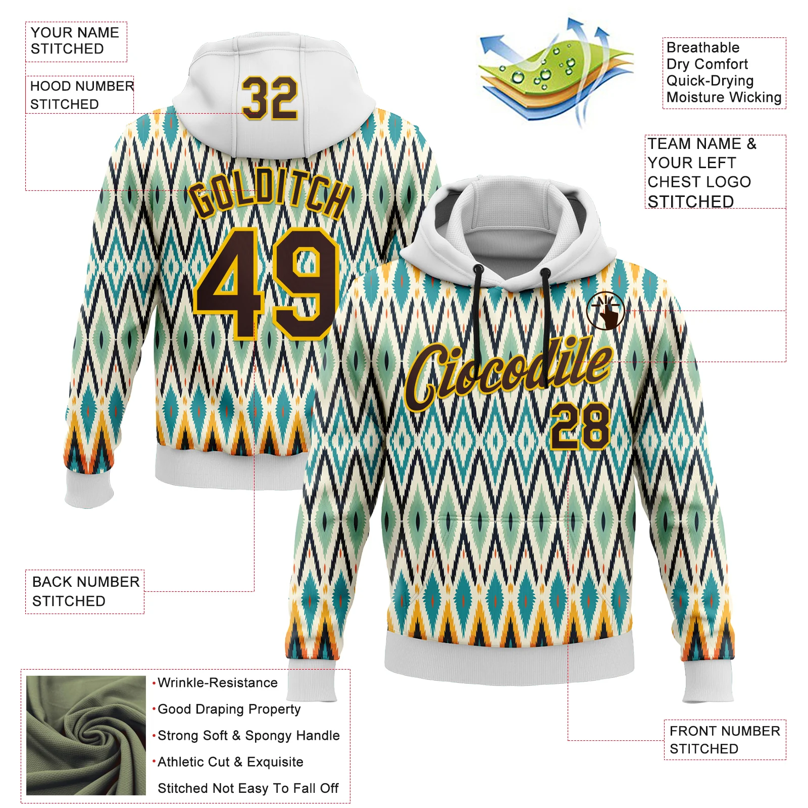 Custom Stitched White Brown Blue-Yellow 3D Mexico Aztec Pattern Sports Pullover Sweatshirt Hoodie