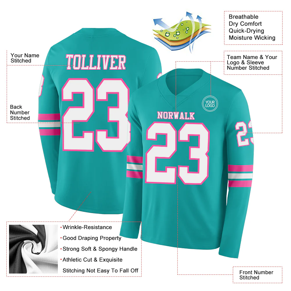 Custom Aqua White-Pink Long Sleeve Authentic Football Jersey