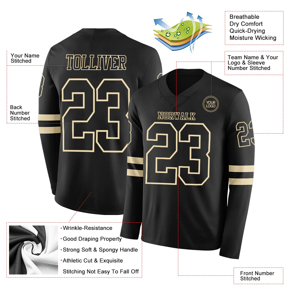 Custom Black Cream Long Sleeve Authentic Football Jersey