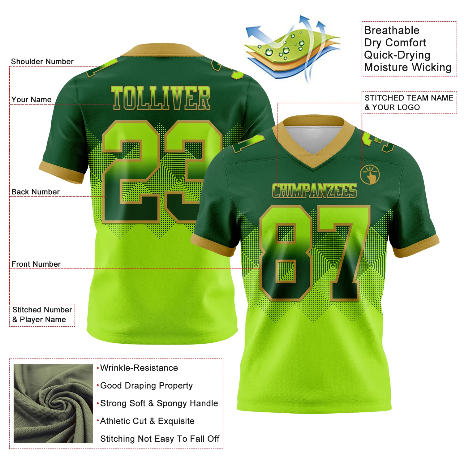 Custom Green Neon Green-Old Gold Authentic Gradient Square Shape Flag Football Jersey