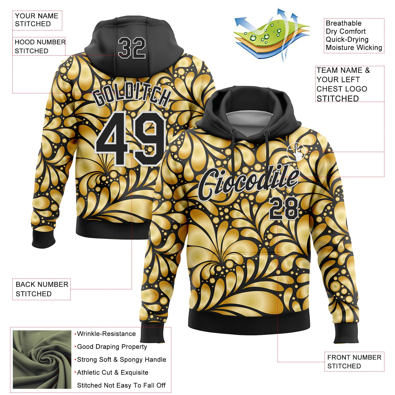 Custom Stitched Black White 3D Pattern Design Golden Subtle Floral Sports Pullover Sweatshirt Hoodie