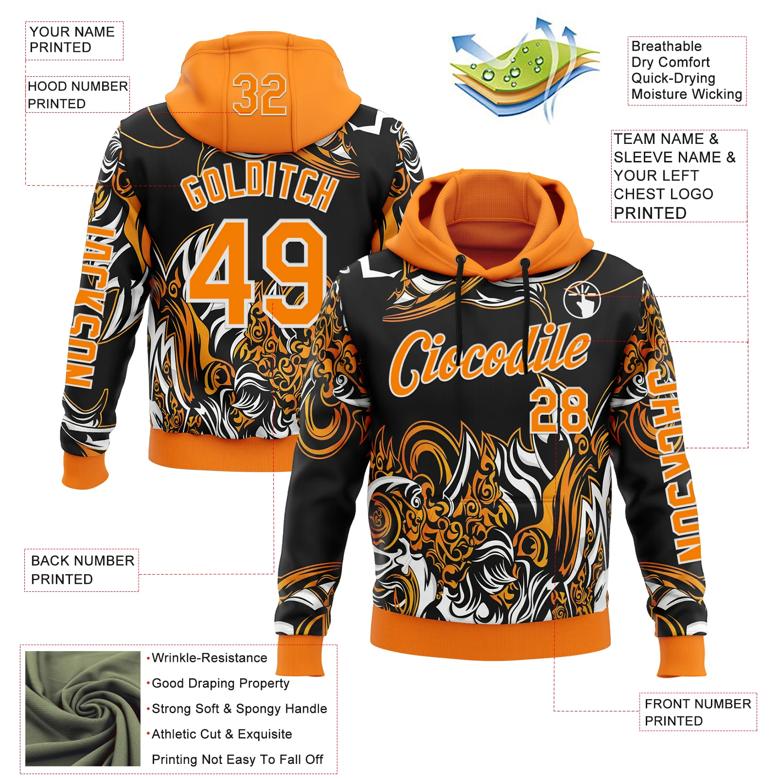 Custom Black Bay Orange-White 3D Abstract Flame Sports Pullover Sweatshirt Hoodie