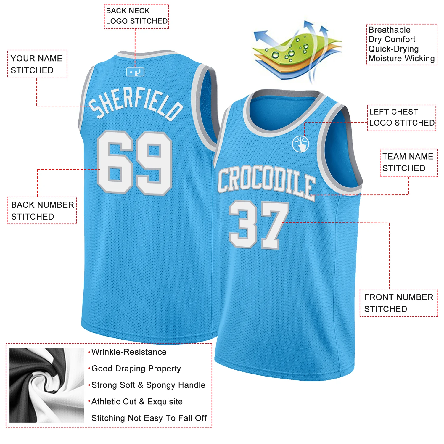 Custom Sky Blue White-Gray Authentic Basketball Jersey