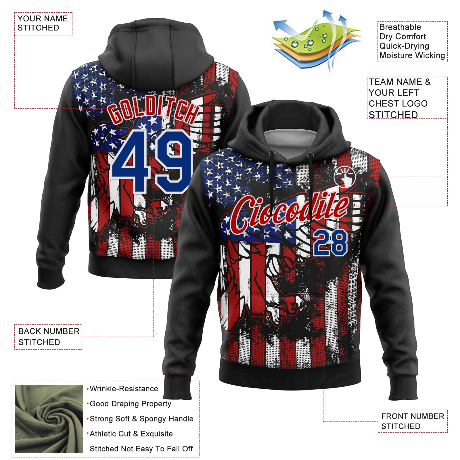 Custom Stitched Black Royal Red-White 3D American Flag Retro Distressed Eagle Grunge Sports Pullover Sweatshirt Hoodie