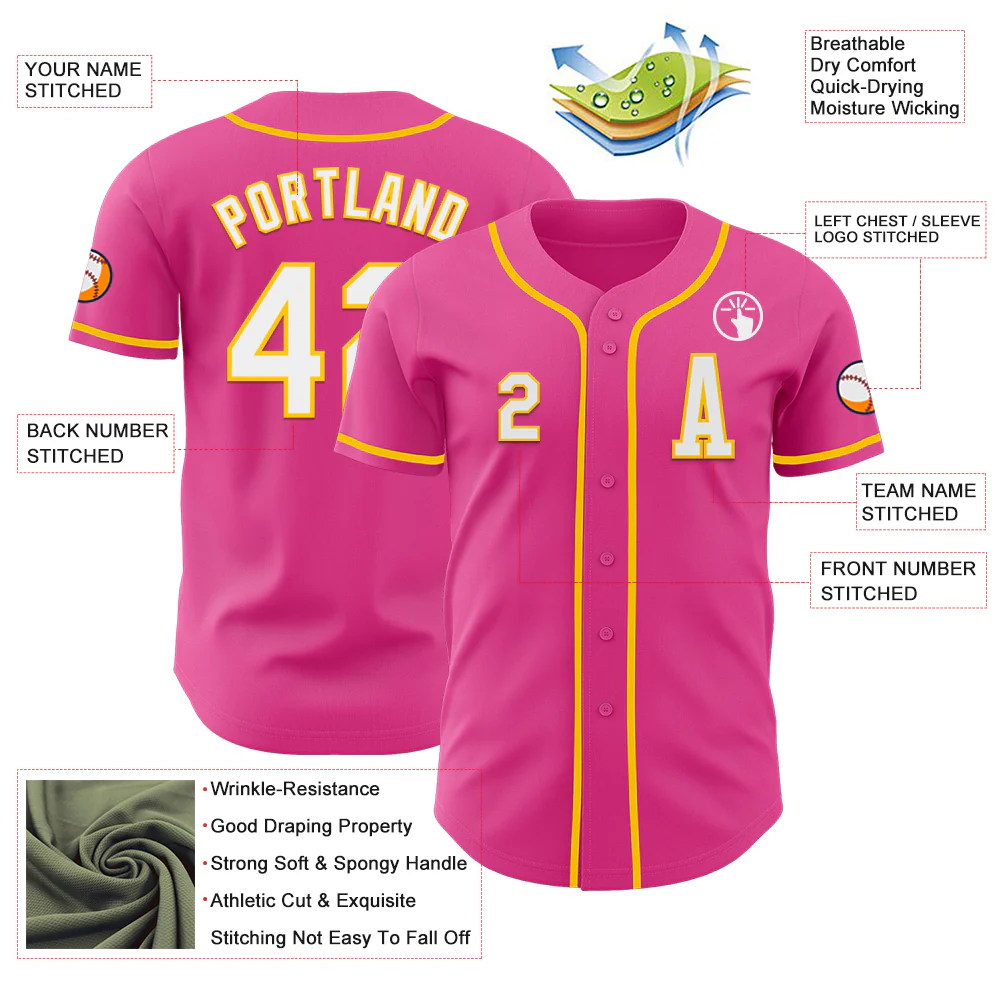 Custom Pink White-Yellow Authentic Baseball Jersey