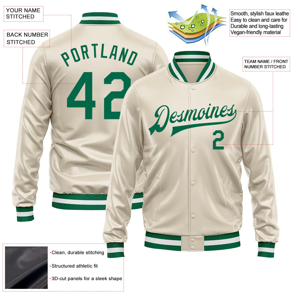Custom Cream Kelly Green Bomber Full-Snap Varsity Faux Leather Letterman Jacket