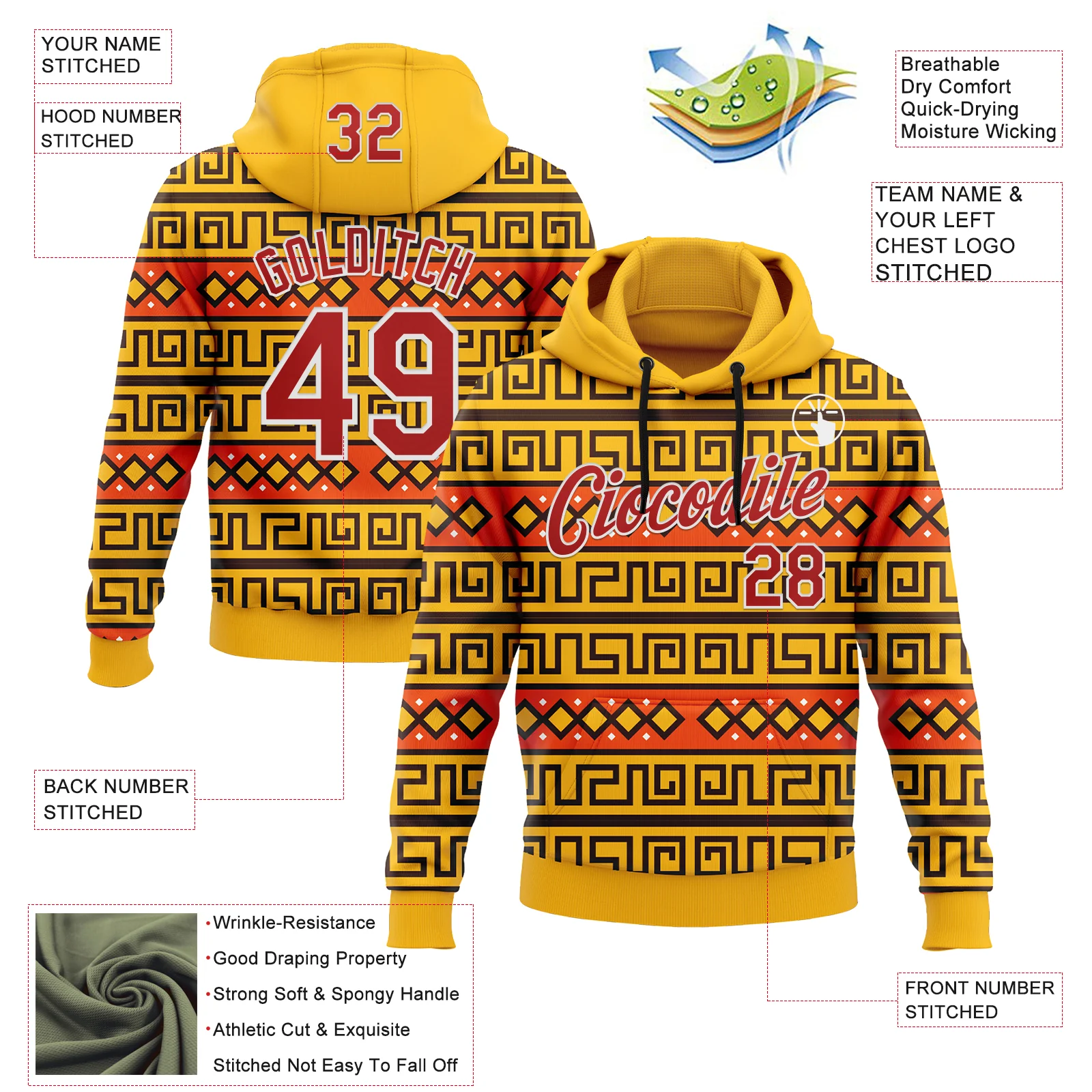 Custom Stitched Gold Red-White 3D Pattern Design Tribal Ethnic Native American Sports Pullover Sweatshirt Hoodie