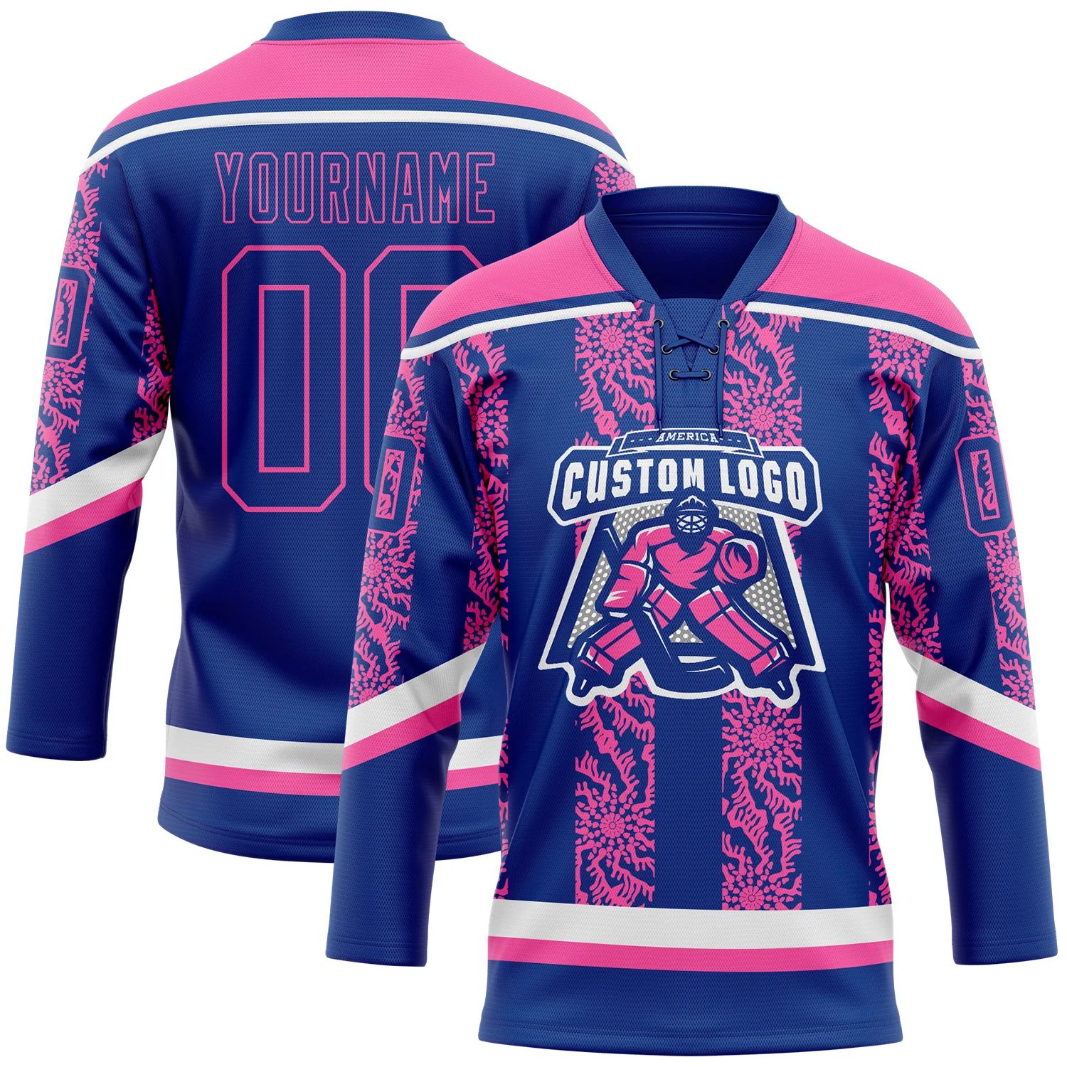 Custom Royal Pink-White 3D Pattern Abstract Shape Hockey Lace Neck Jersey