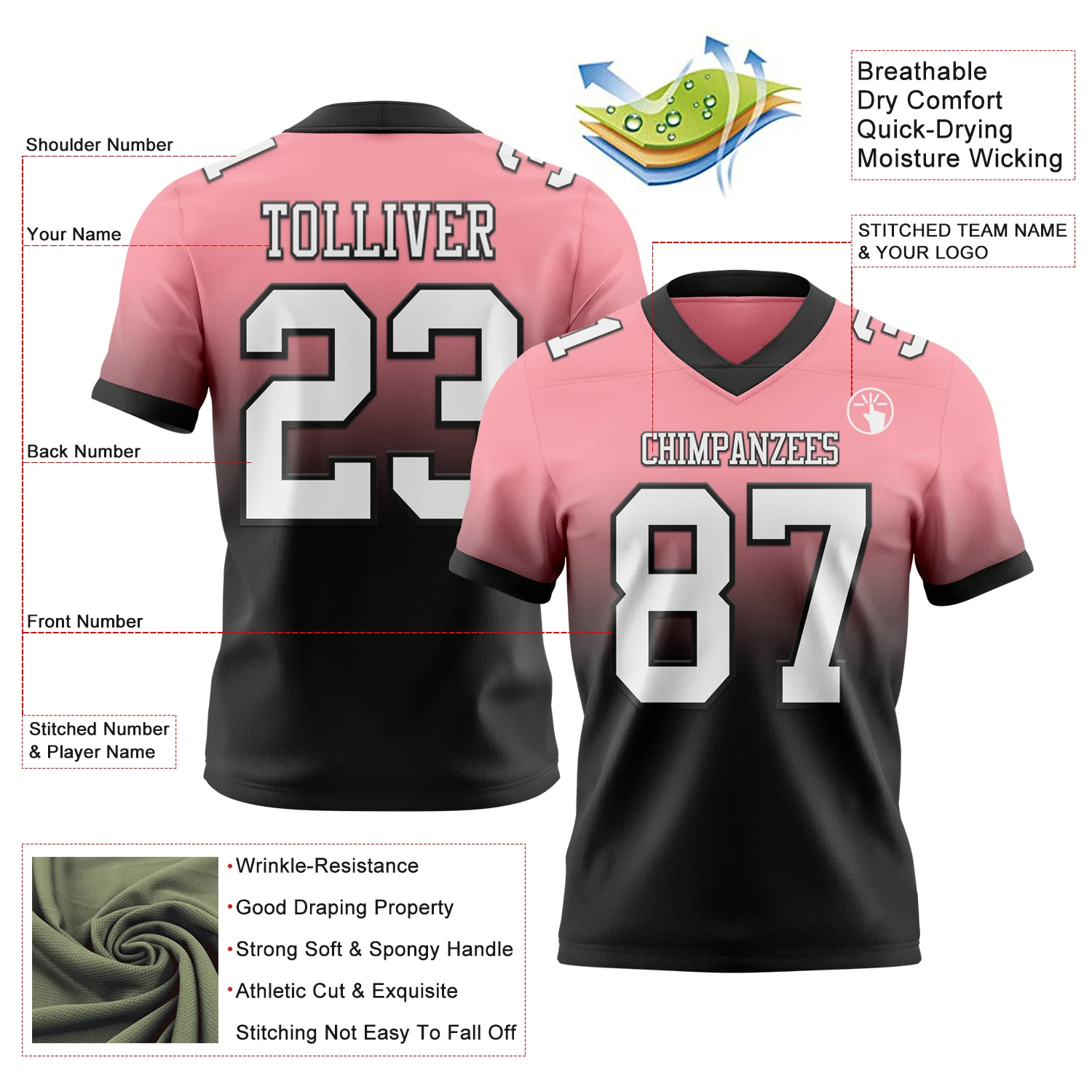 Custom Medium Pink White-Black Authentic Fade Fashion Football Jersey