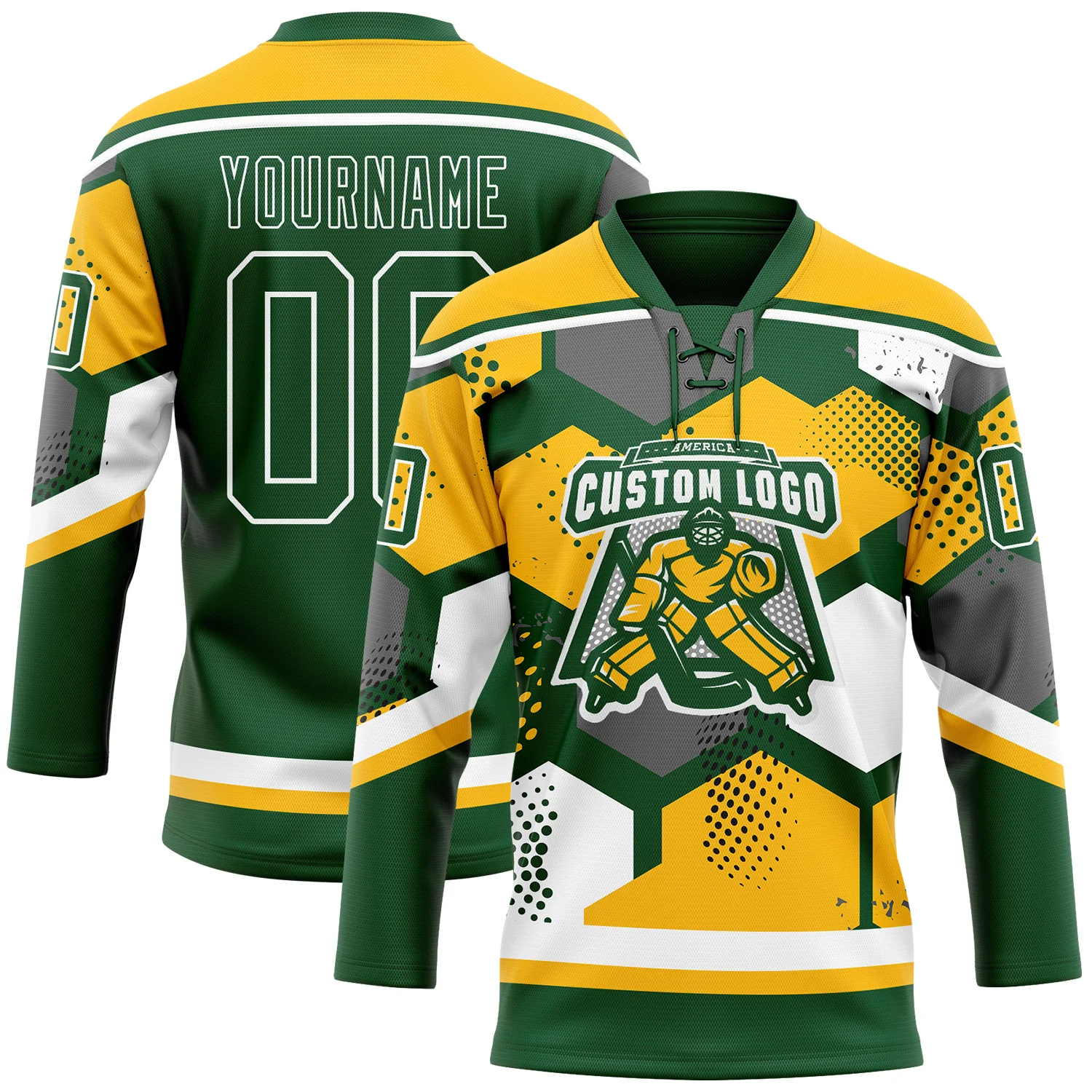 Custom Gold Green-White 3D Pattern Geometric Shape Hockey Lace Neck Jersey