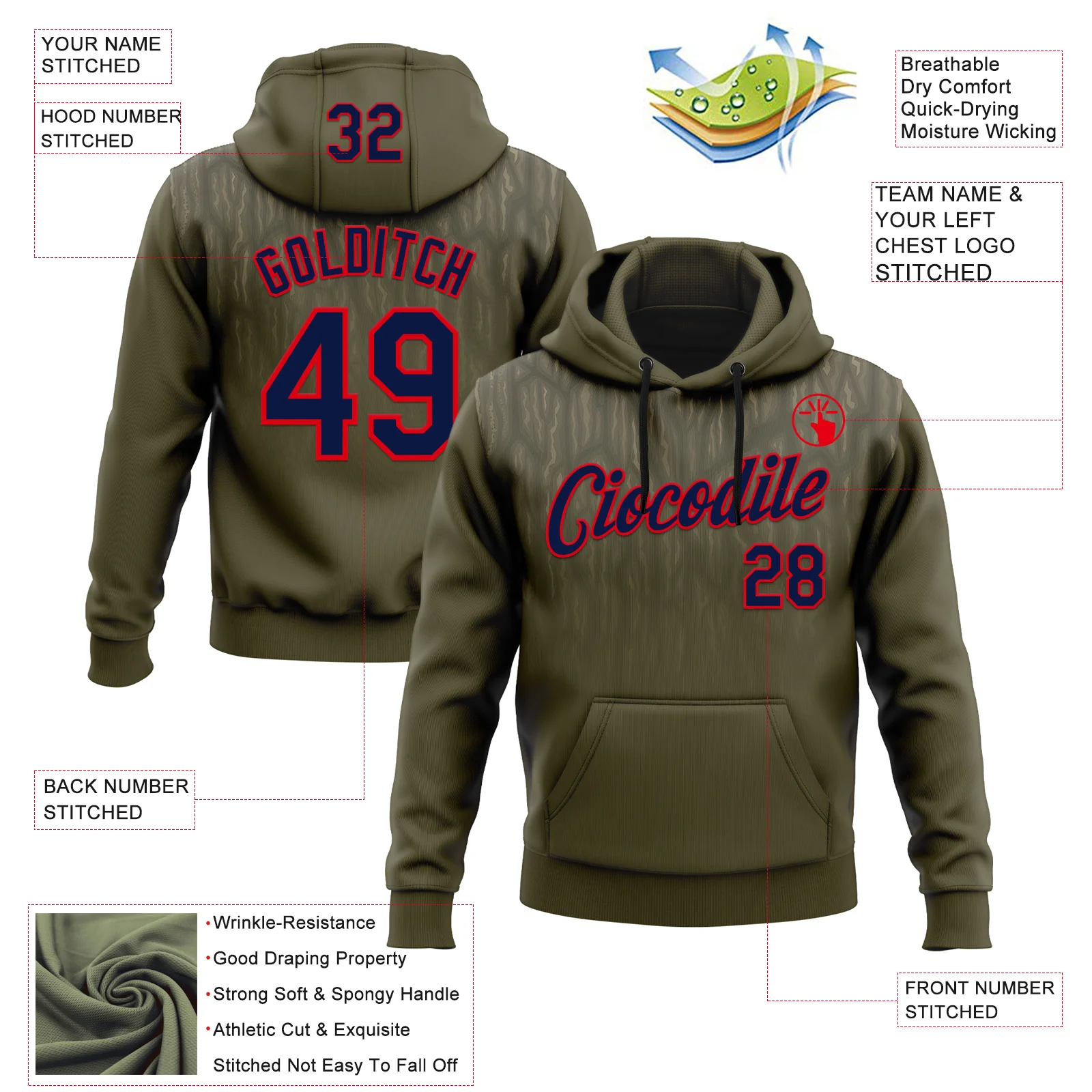 Custom Stitched Olive Navy-Fire Red 3D Pattern Design Tree Camo Gradient Hunting Sports Pullover Sweatshirt Salute To Service Hoodie