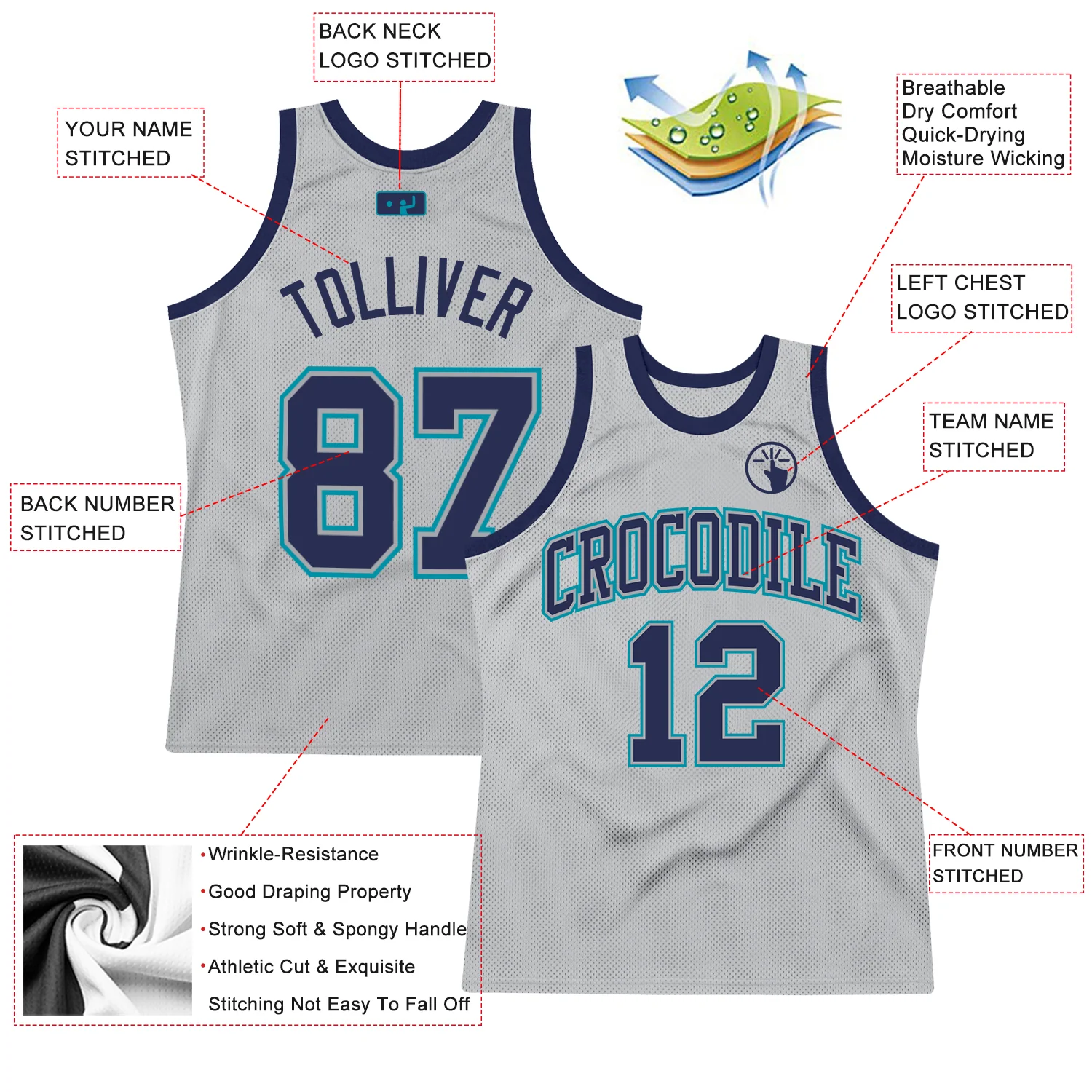 Custom Gray Navy-Teal Authentic Throwback Basketball Jersey