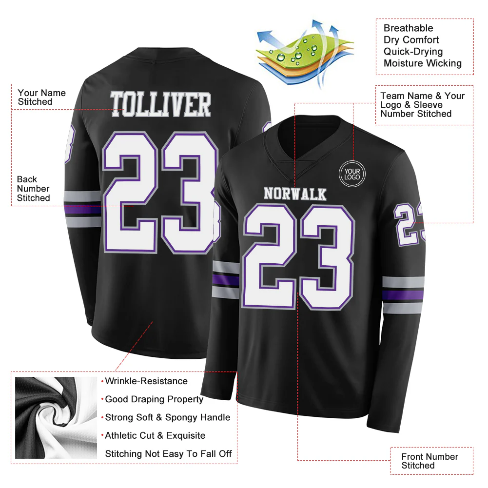 Custom Black White Purple-Gray Long Sleeve Authentic Football Jersey