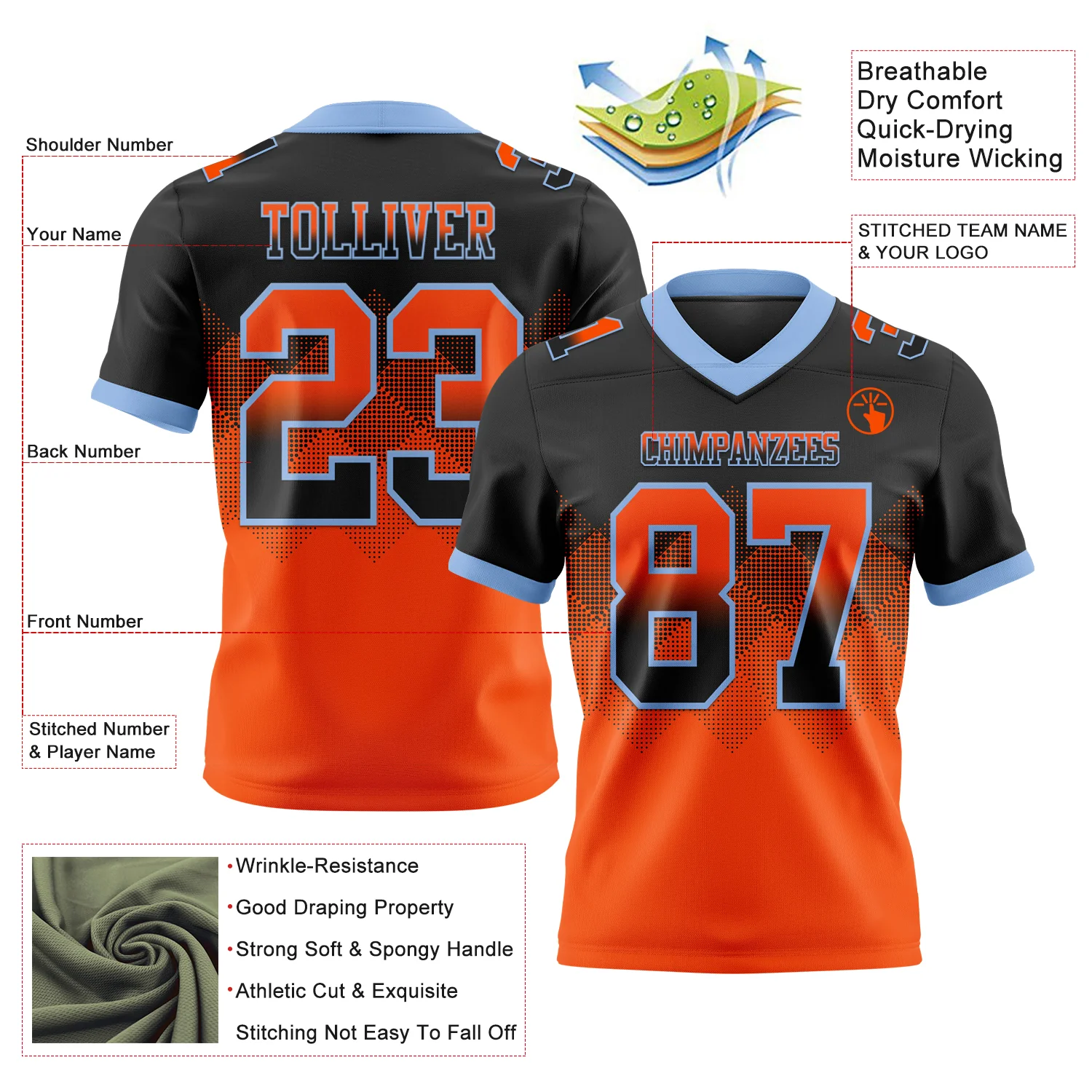 Custom Black Orange-Light Blue Authentic Gradient Square Shape Flag Football Jersey