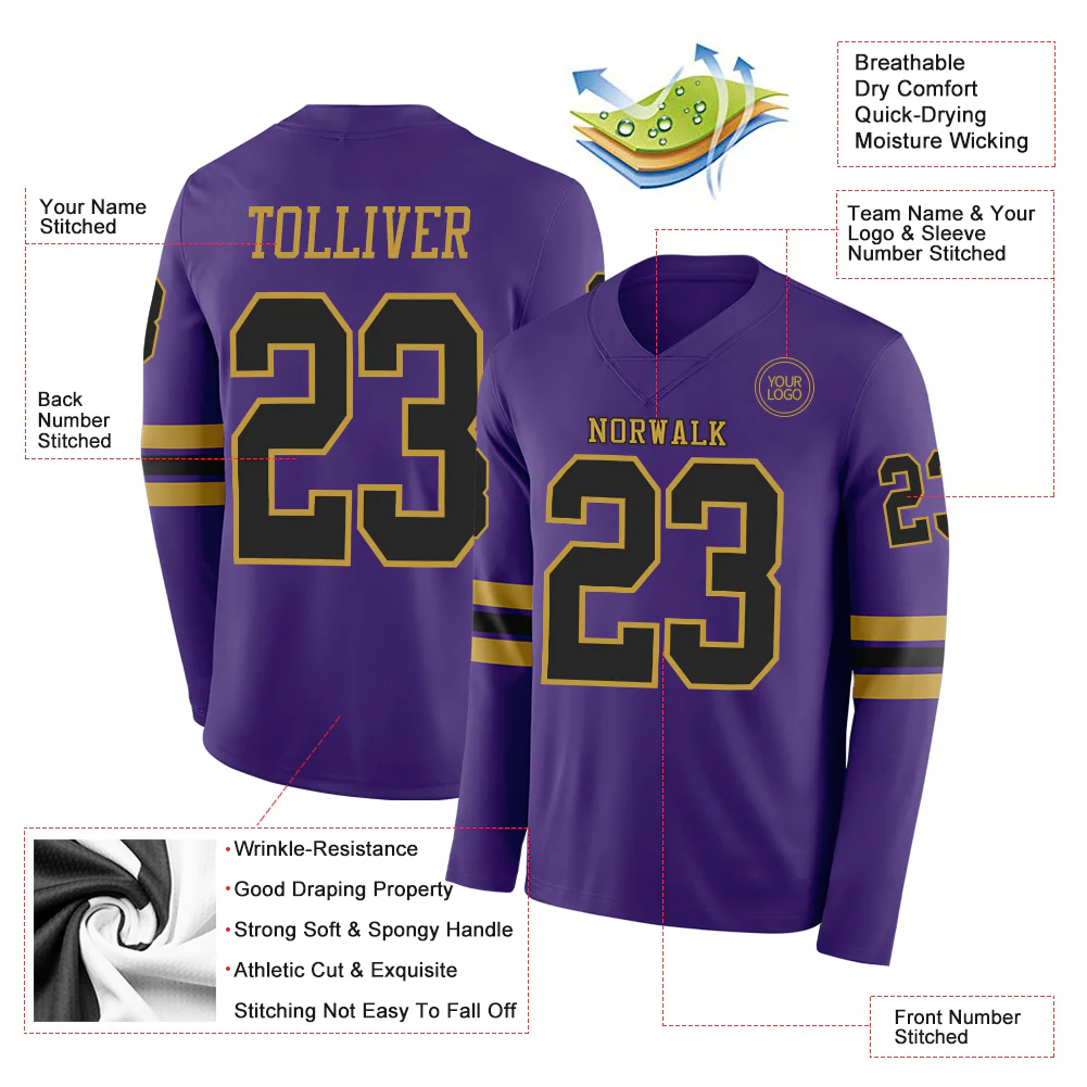 Custom Purple Black-Old Gold Long Sleeve Authentic Football Jersey