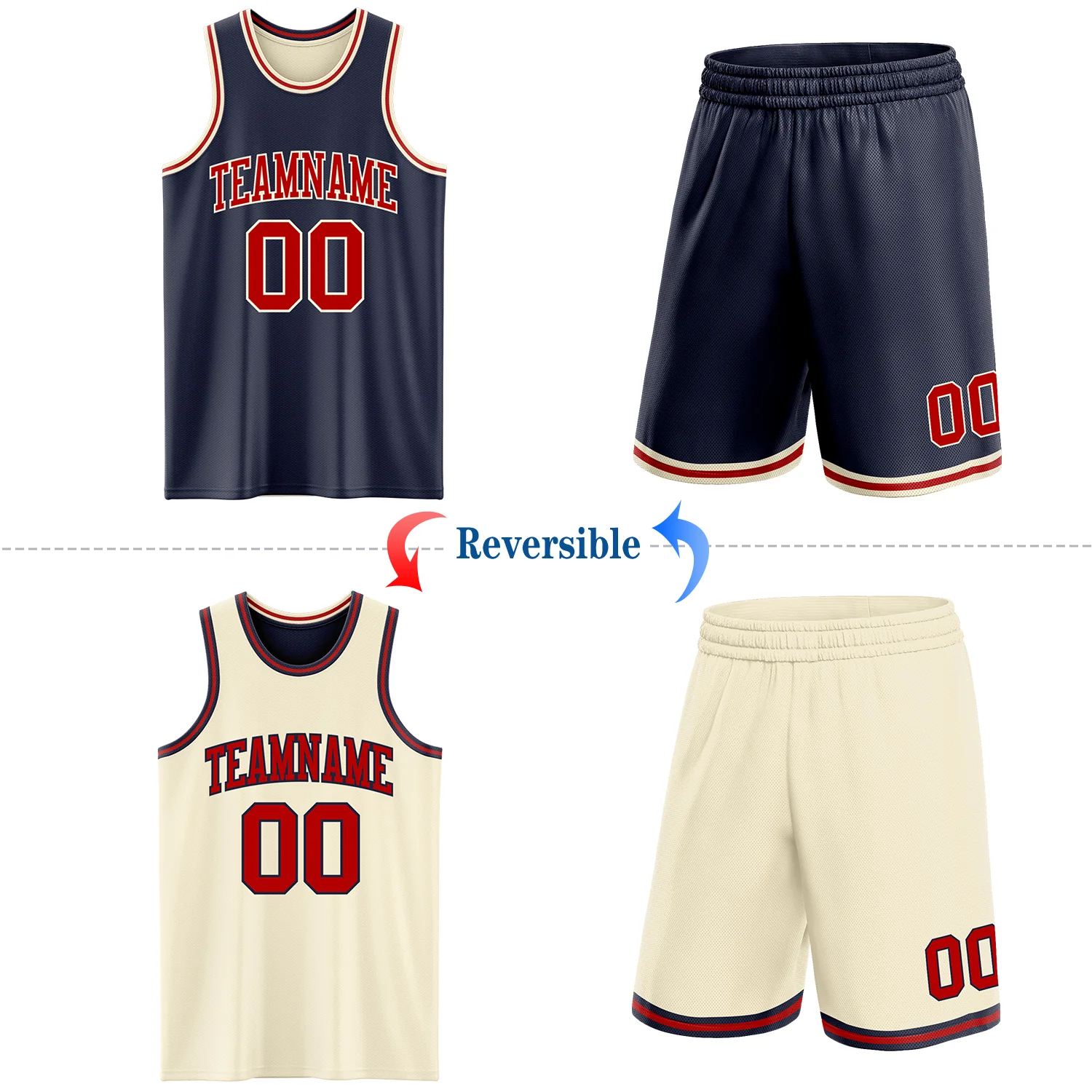Custom Reversible Navy Red-Cream Double Side Sublimation Basketball Suit Jersey