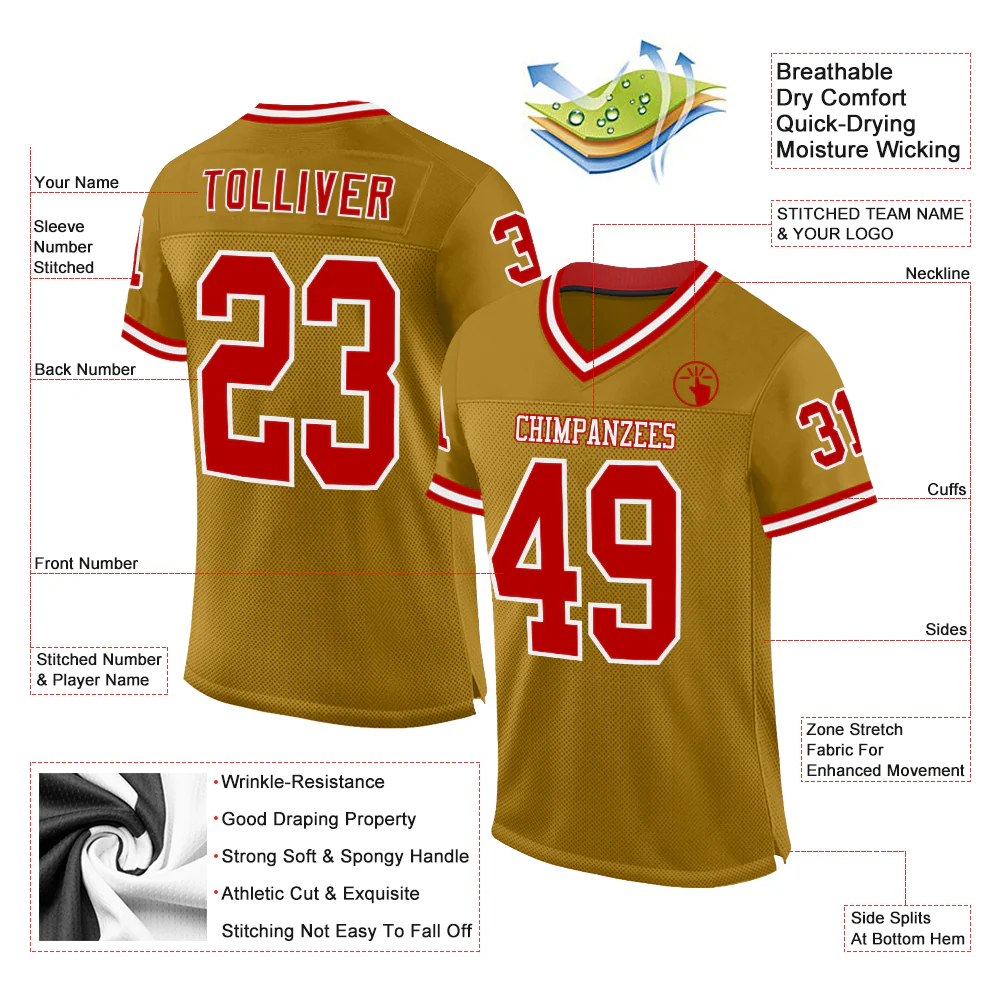 Custom Old Gold Red-White Mesh Authentic Throwback Football Jersey