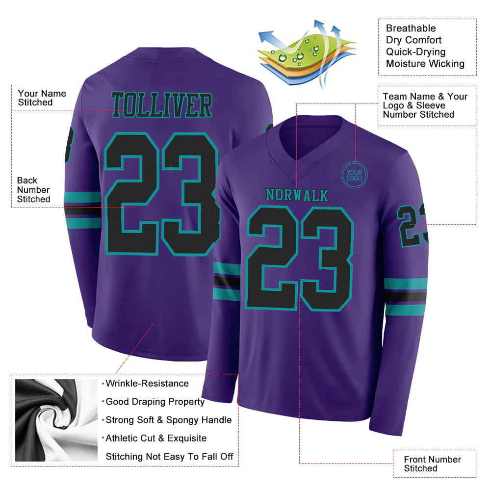 Custom Purple Black-Teal Long Sleeve Authentic Football Jersey