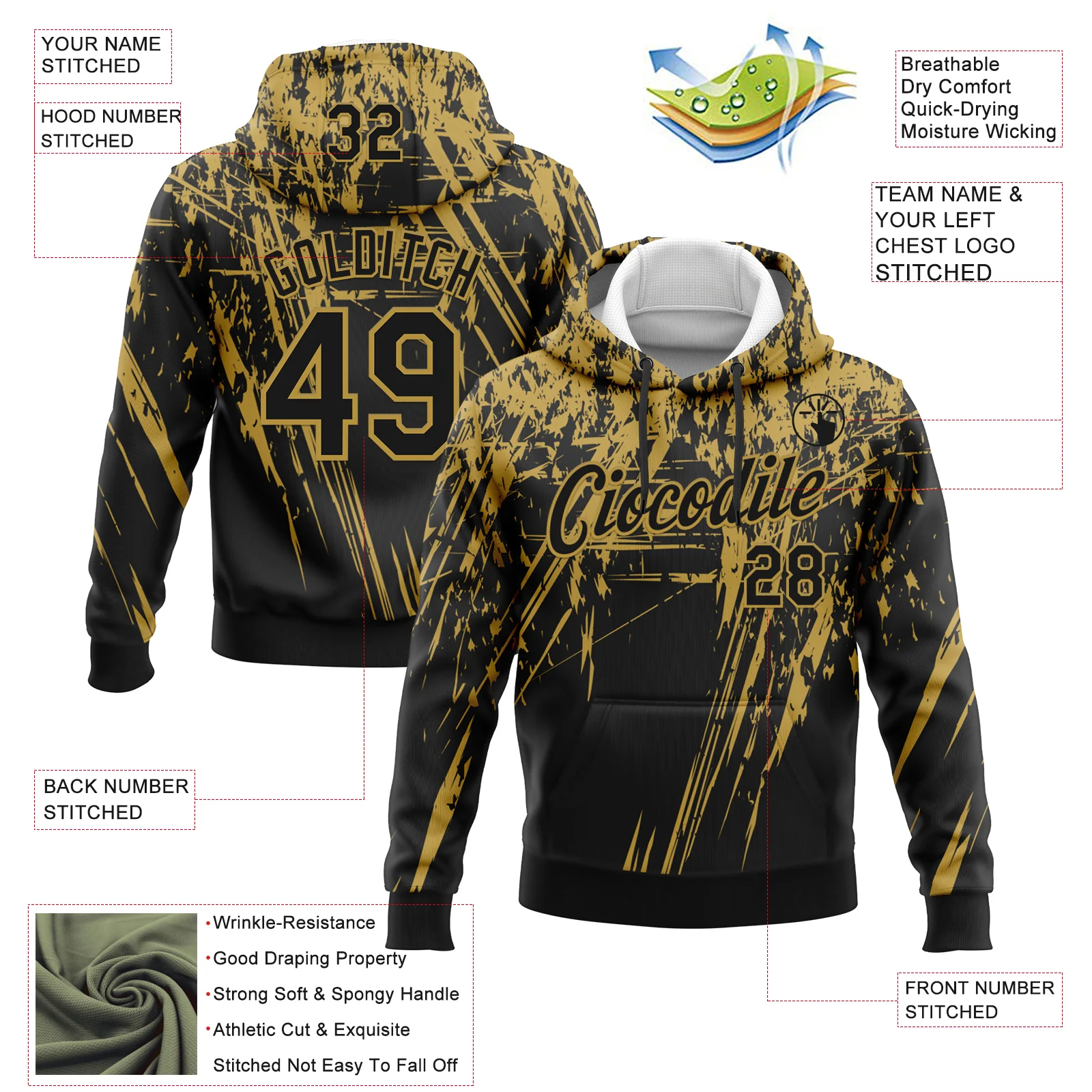 Custom Stitched Black Old Gold 3D Pattern Design Splash Grunge Art Sports Pullover Sweatshirt Hoodie