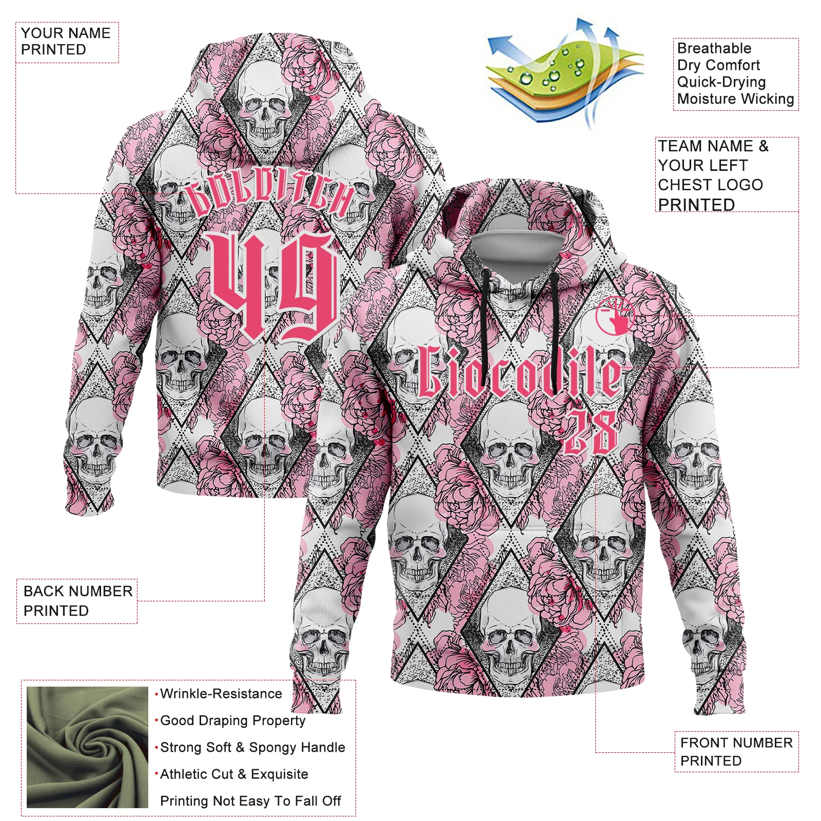 Custom White Neon Pink-Black 3D Skull Roses Gothic Geometic Diamond Grid Sports Pullover Sweatshirt Hoodie