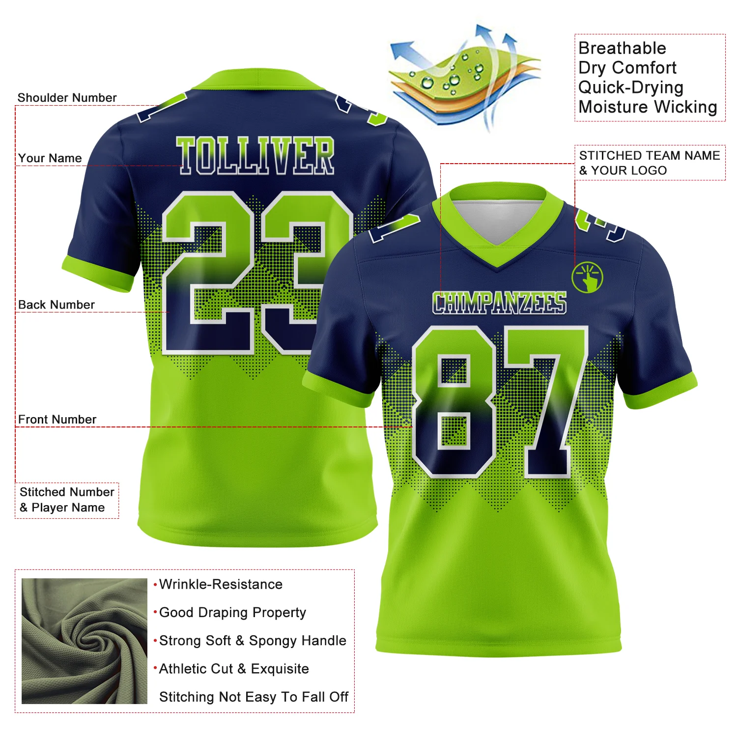 Custom Navy Neon Green-White Authentic Gradient Square Shape Flag Football Jersey