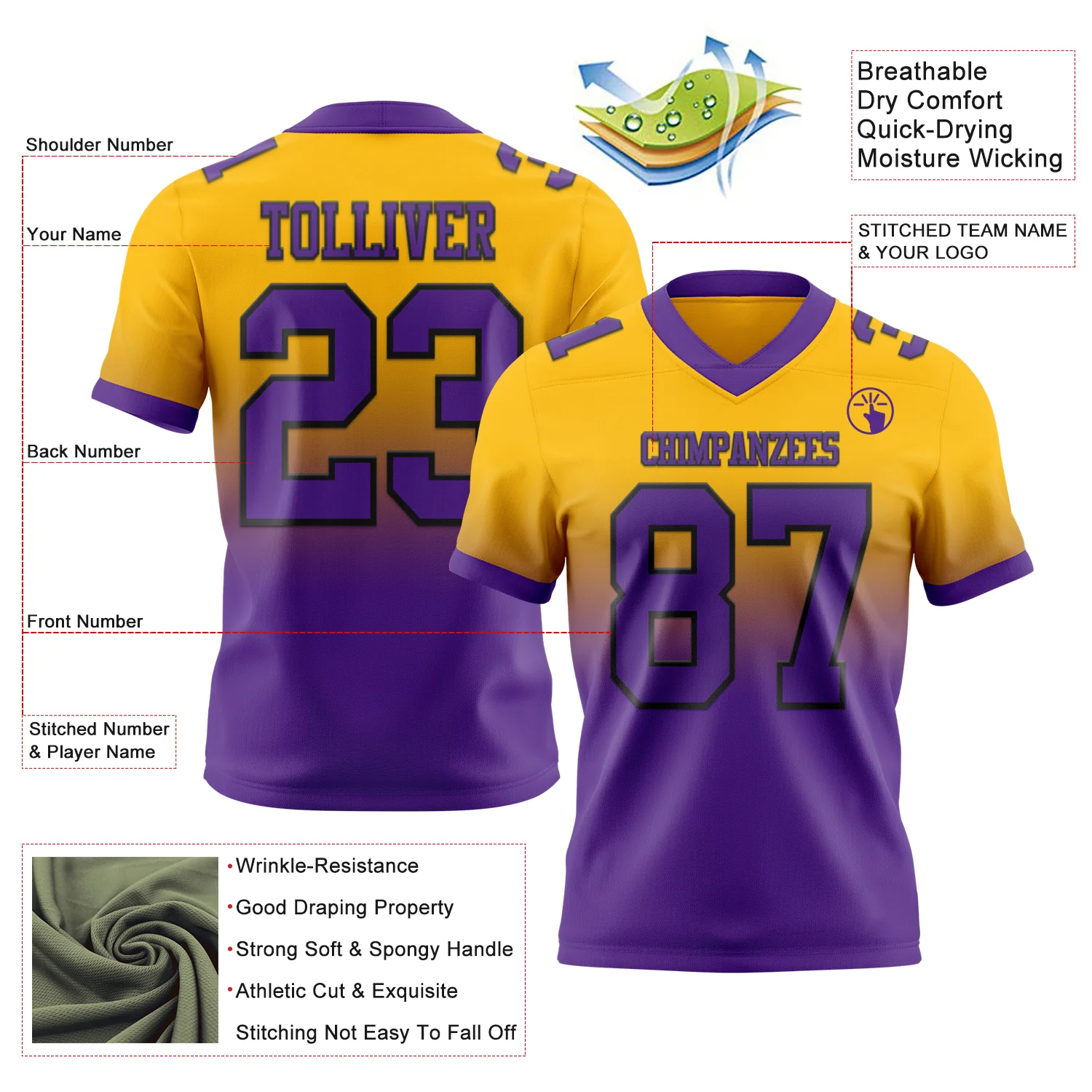 Custom Gold Purple-Black Authentic Fade Fashion Football Jersey