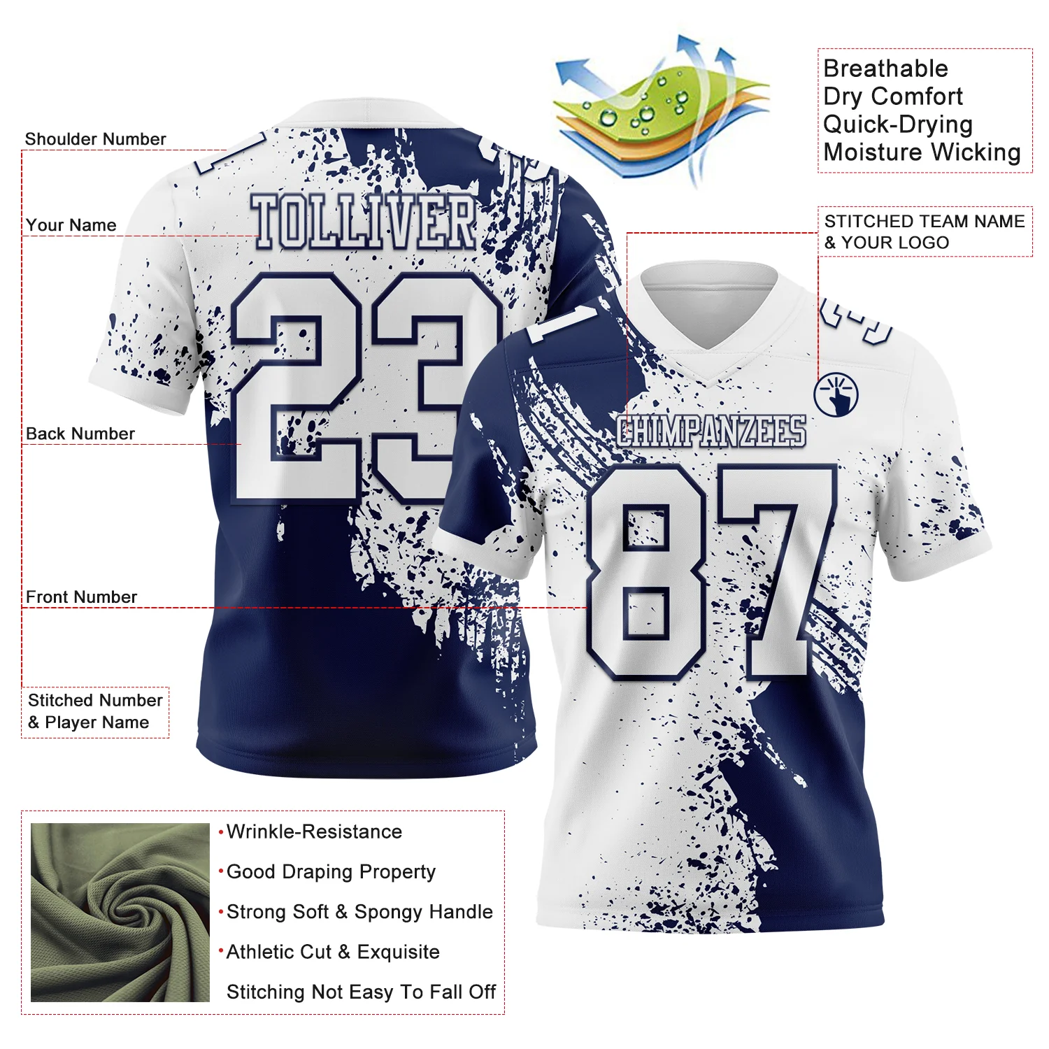 Custom White Navy 3D Pattern Abstract Brush Stroke Authentic Football Jersey
