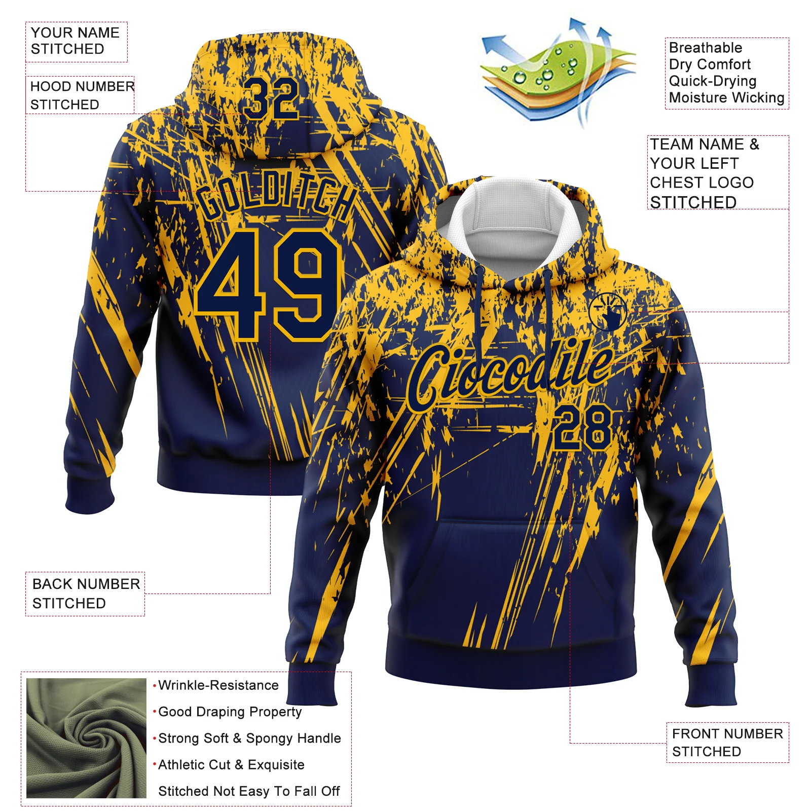 Custom Stitched Navy Gold 3D Pattern Design Splash Grunge Art Sports Pullover Sweatshirt Hoodie