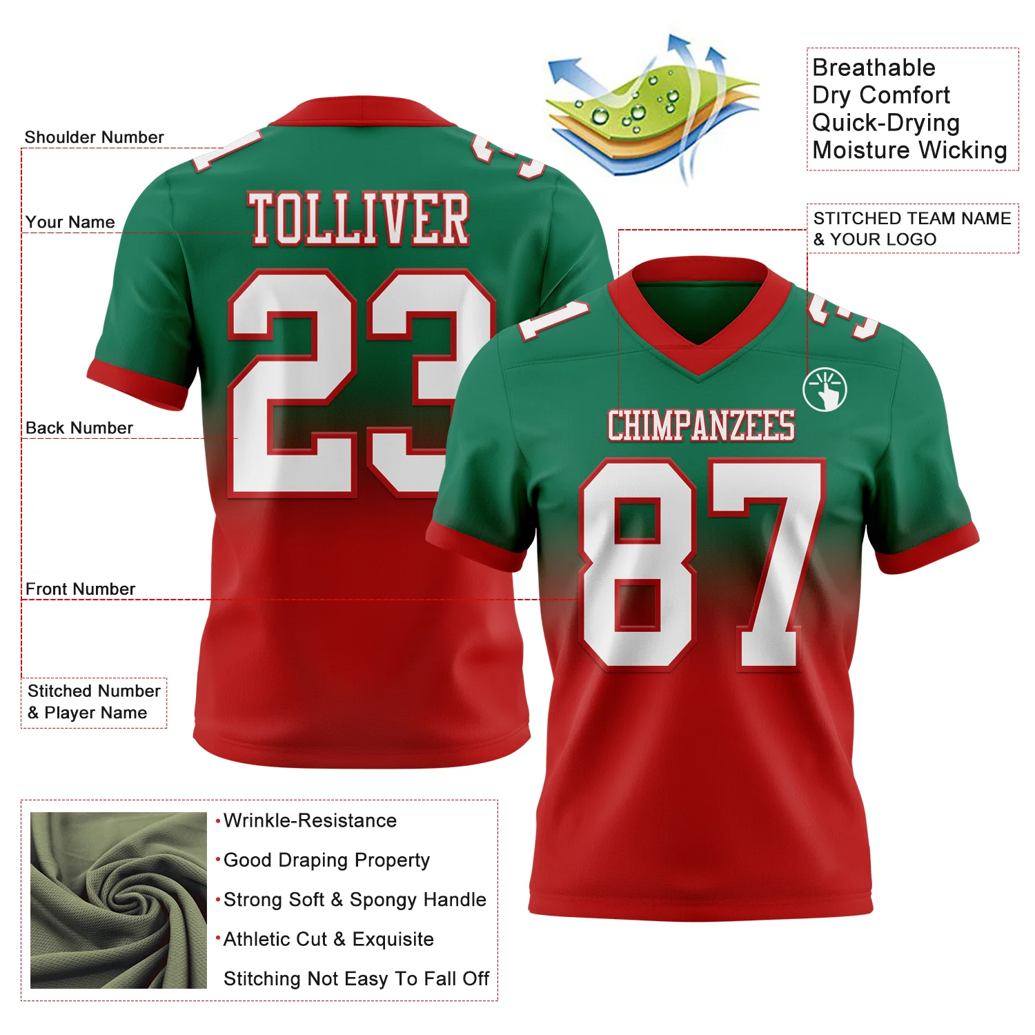 Custom Kelly Green White-Red Authentic Fade Fashion Football Jersey