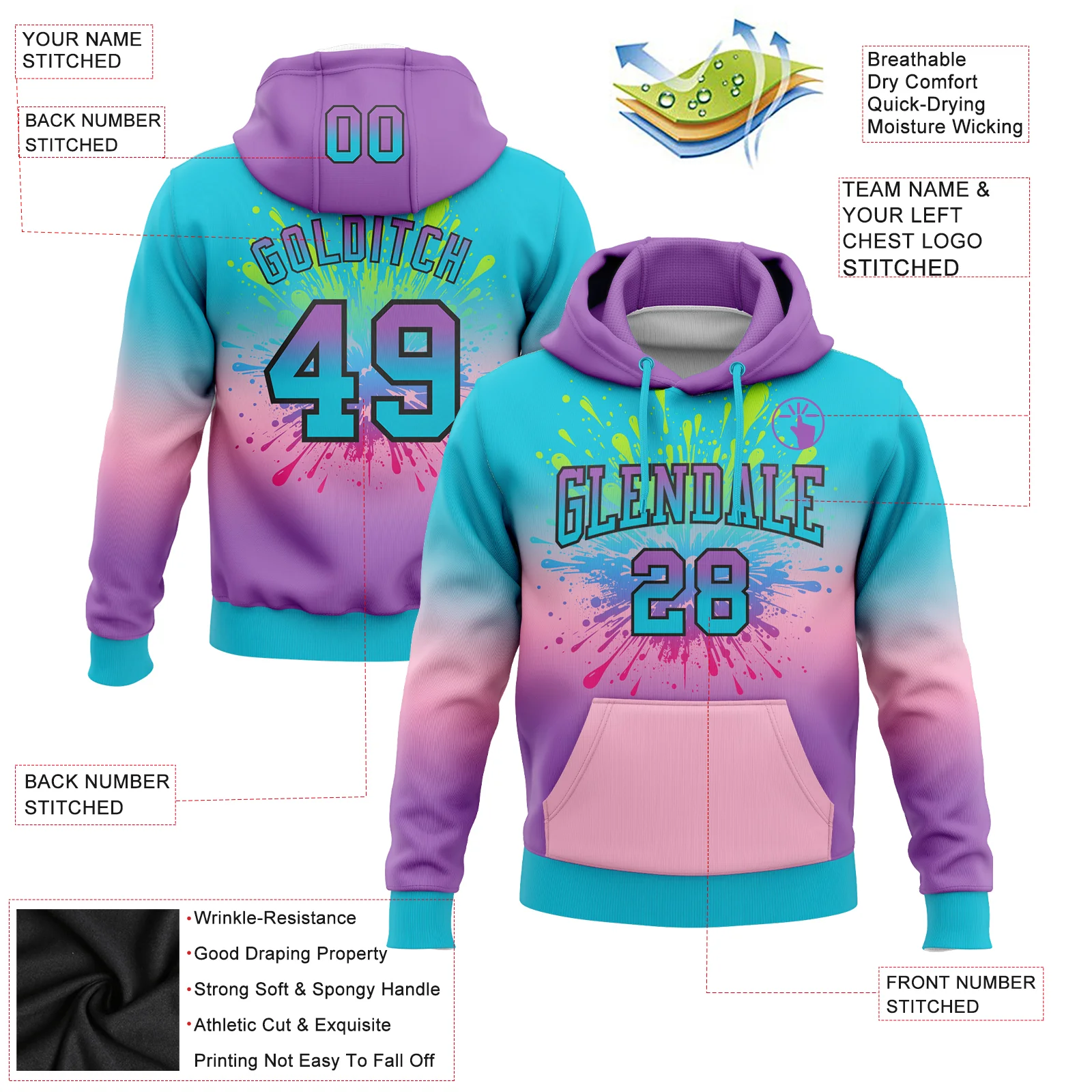 Custom Stitched Lakes Blue Medium Purple Light Pink-Black Fade Fashion Splash Sports Pullover Sweatshirt Hoodie