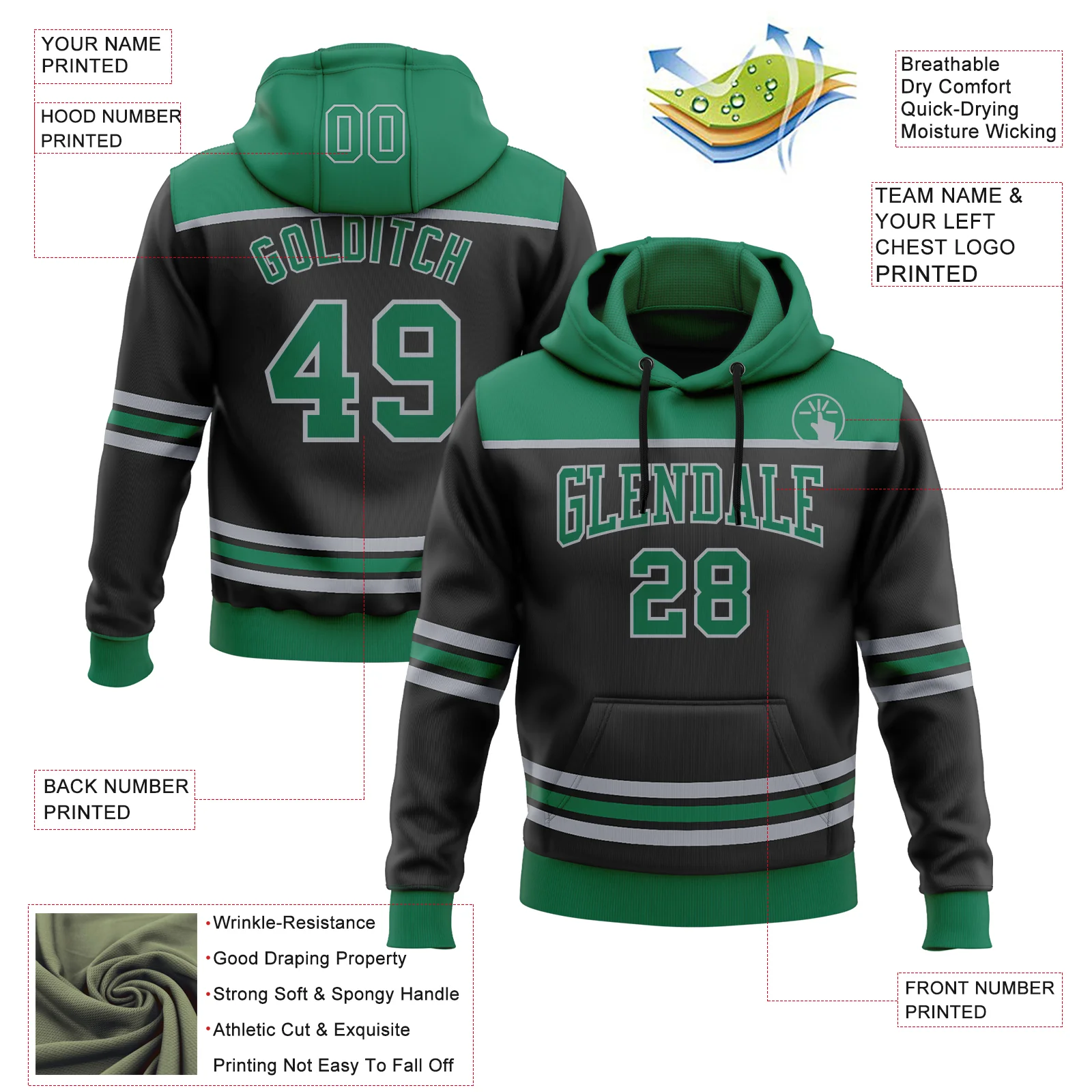 Custom Black Kelly Green-Gray 3D Pattern Design Game Day Dallas Inspired Sports Pullover Sweatshirt Hoodie