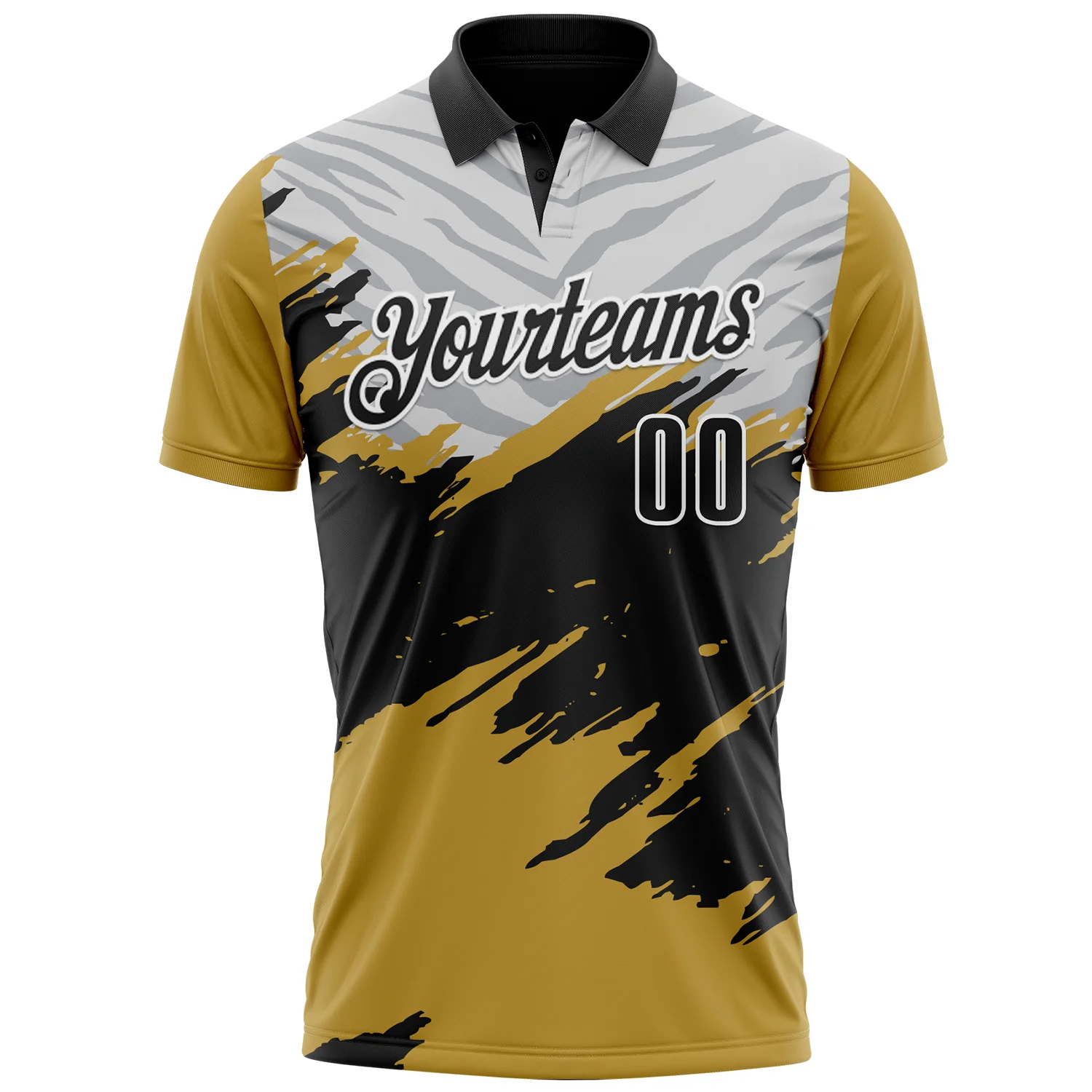 Custom Old Gold Black Gray-White 3D Pattern Design Splash Performance Polo Shirt