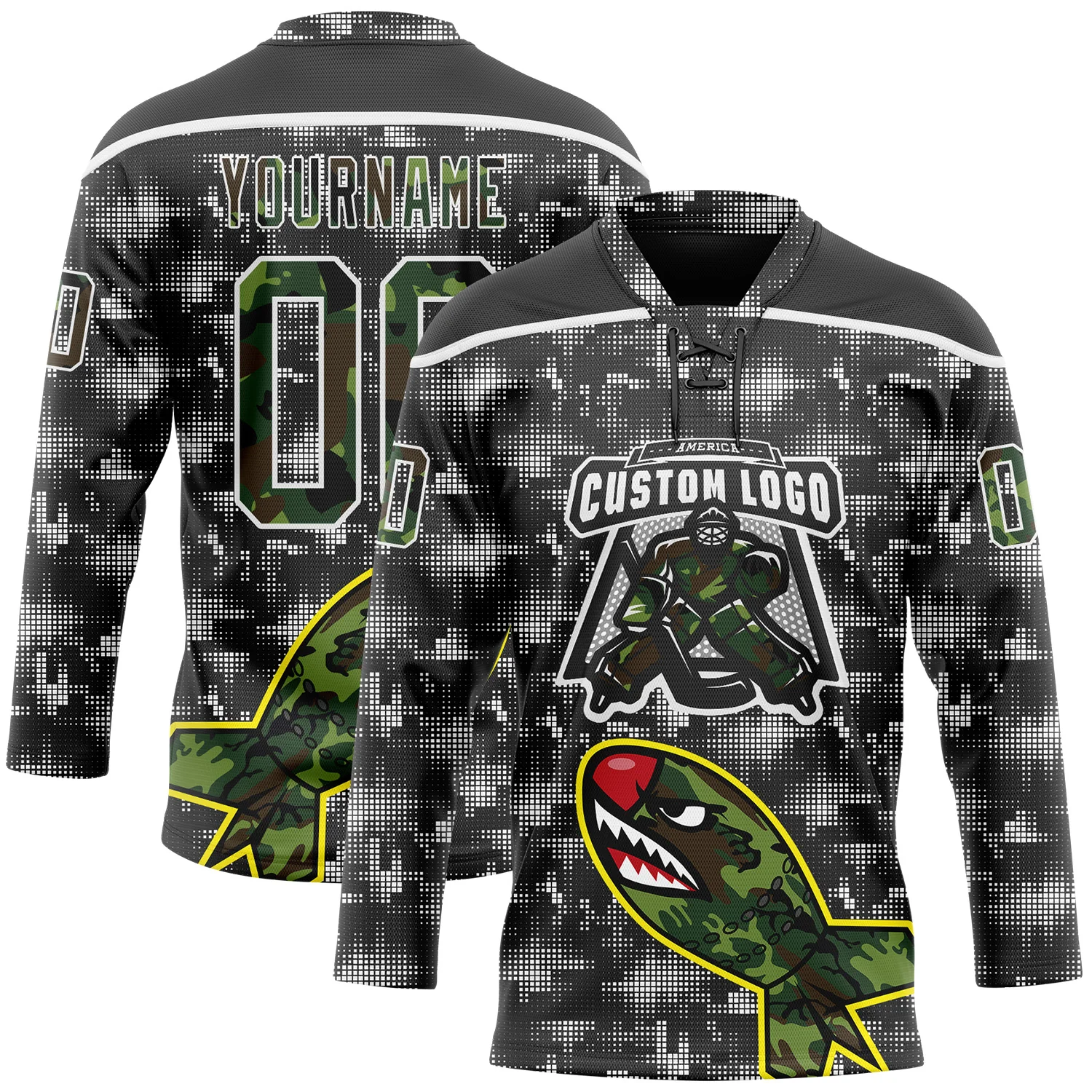 Custom Camo Black-White 3D Camouflage Digital Hockey Lace Neck Jersey