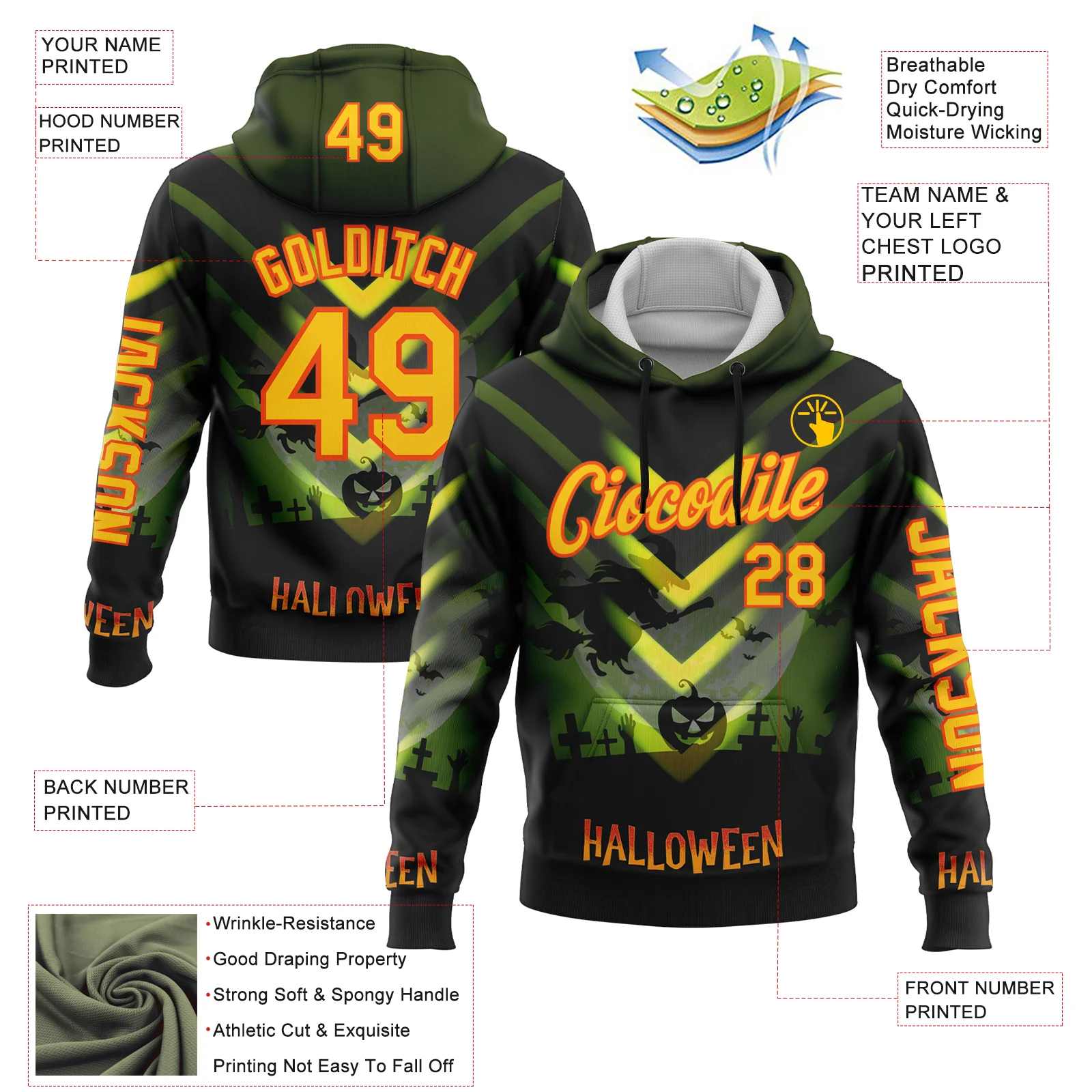 Custom Green Yellow-Orange 3D Halloween Spooky Sportswear Sports Pullover Sweatshirt Hoodie