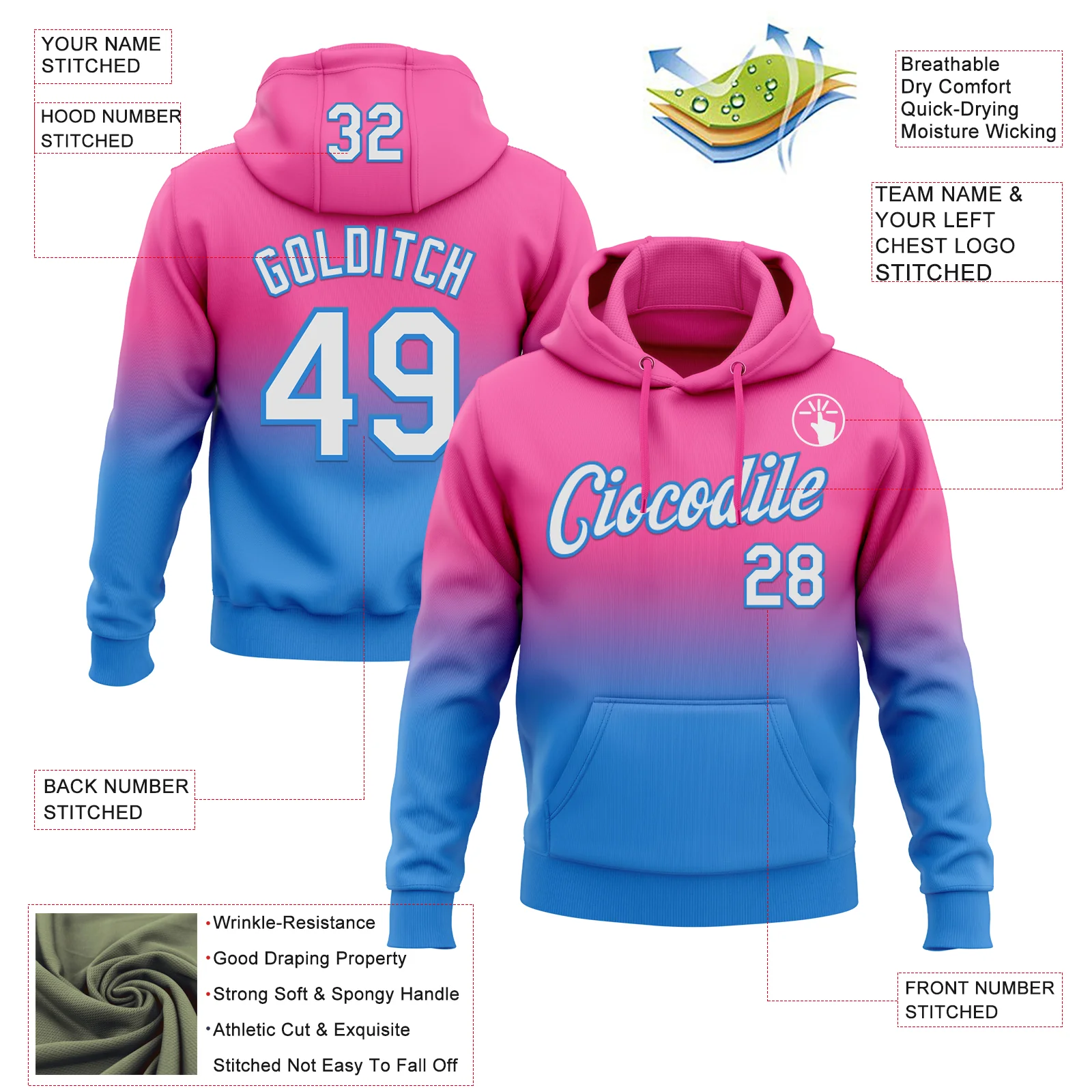 Custom Stitched Pink White-Powder Blue Fade Fashion Sports Pullover Sweatshirt Hoodie
