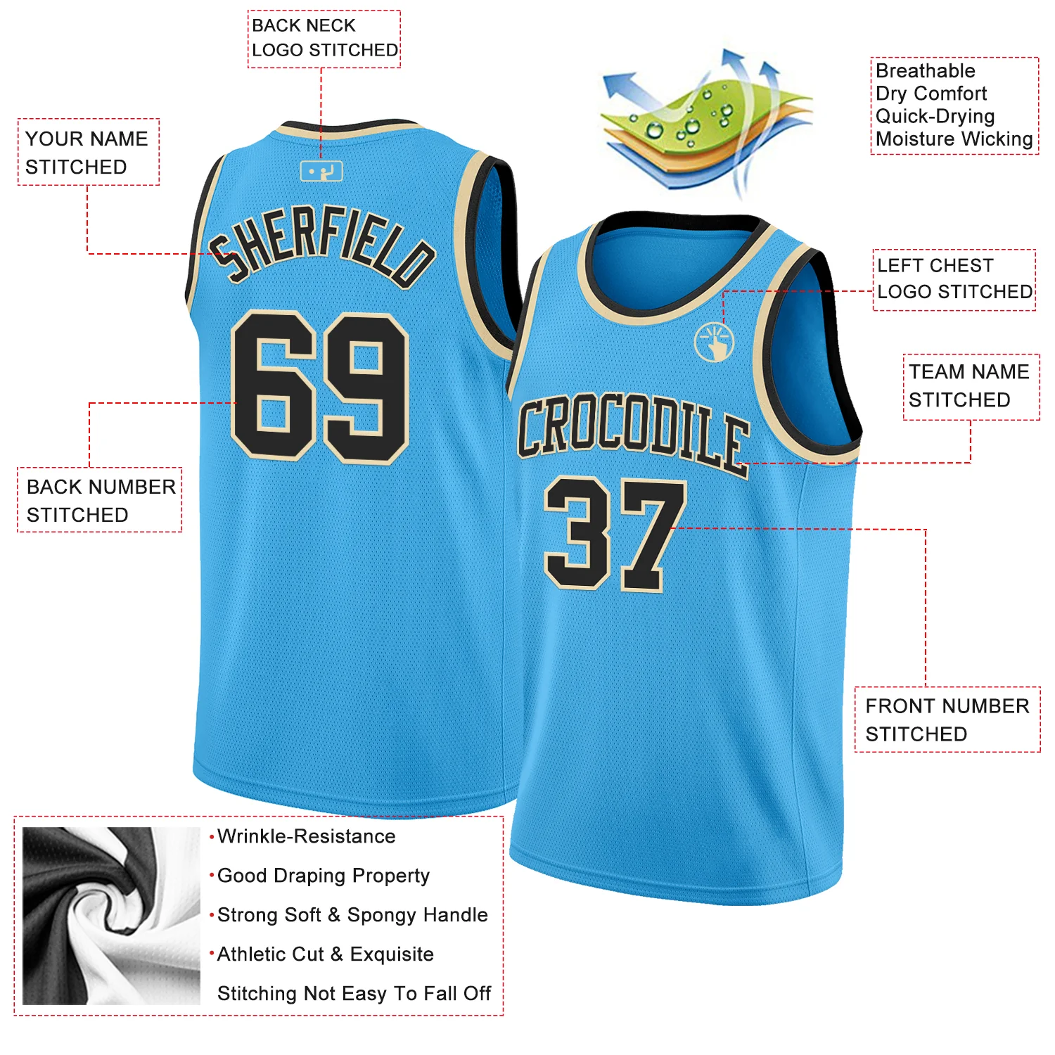 Custom Sky Blue Black-Cream Authentic Basketball Jersey