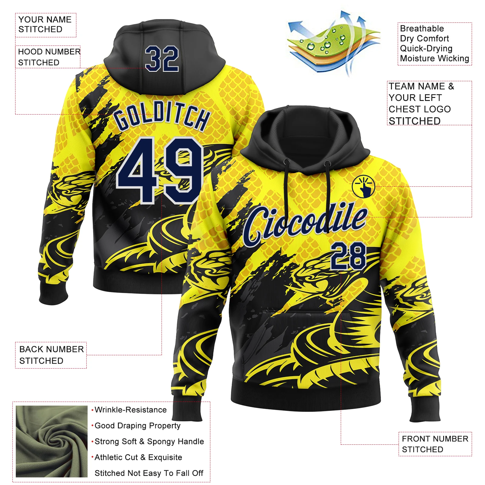 Custom Stitched Yellow Navy Black-White 3D Pattern Design Snake Skin Print Sportswear Pullover Sweatshirt Hoodie