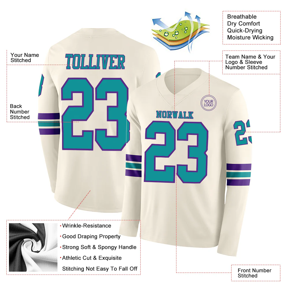 Custom Cream Teal-Purple Long Sleeve Authentic Football Jersey