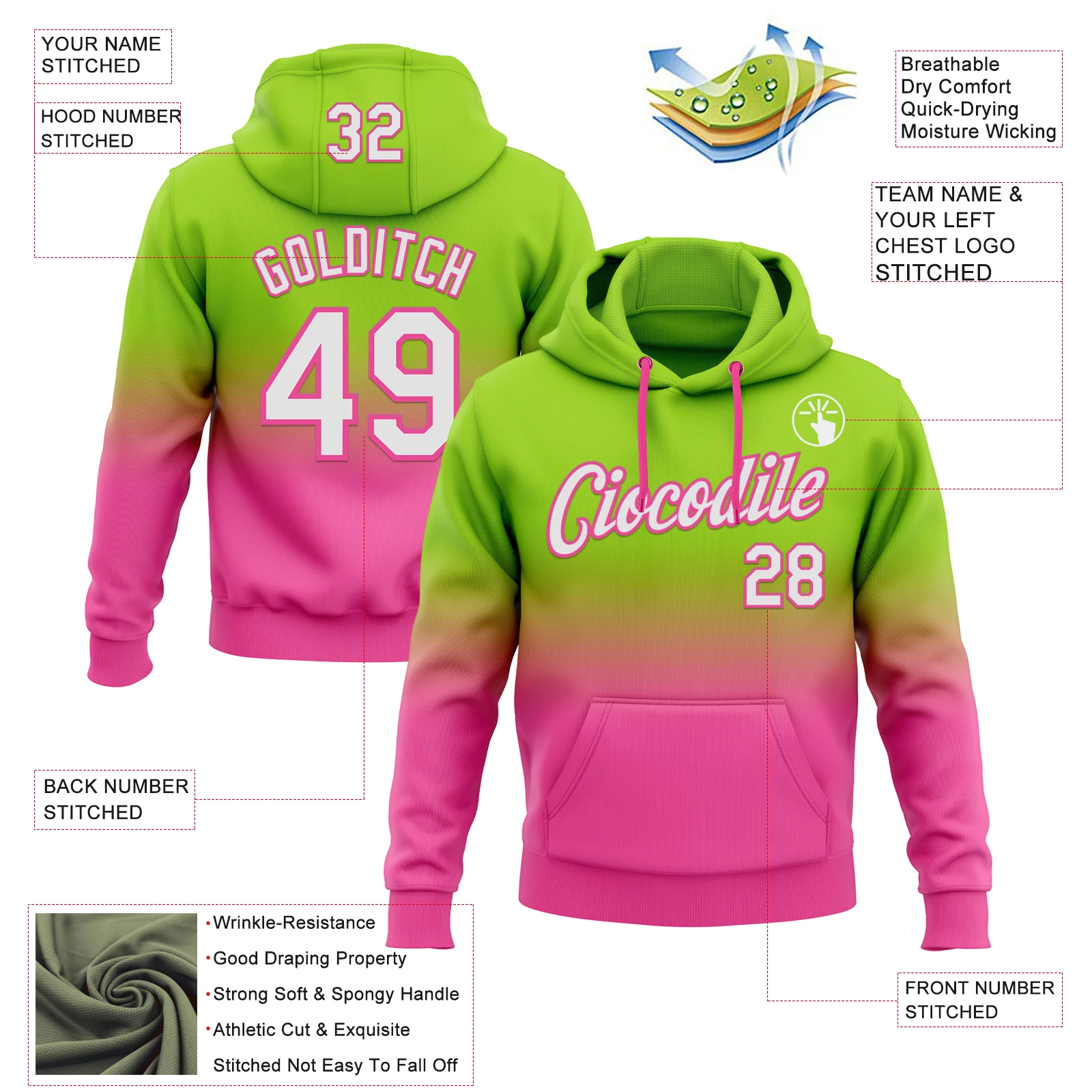 Custom Stitched Neon Green White-Pink Fade Fashion Sports Pullover Sweatshirt Hoodie