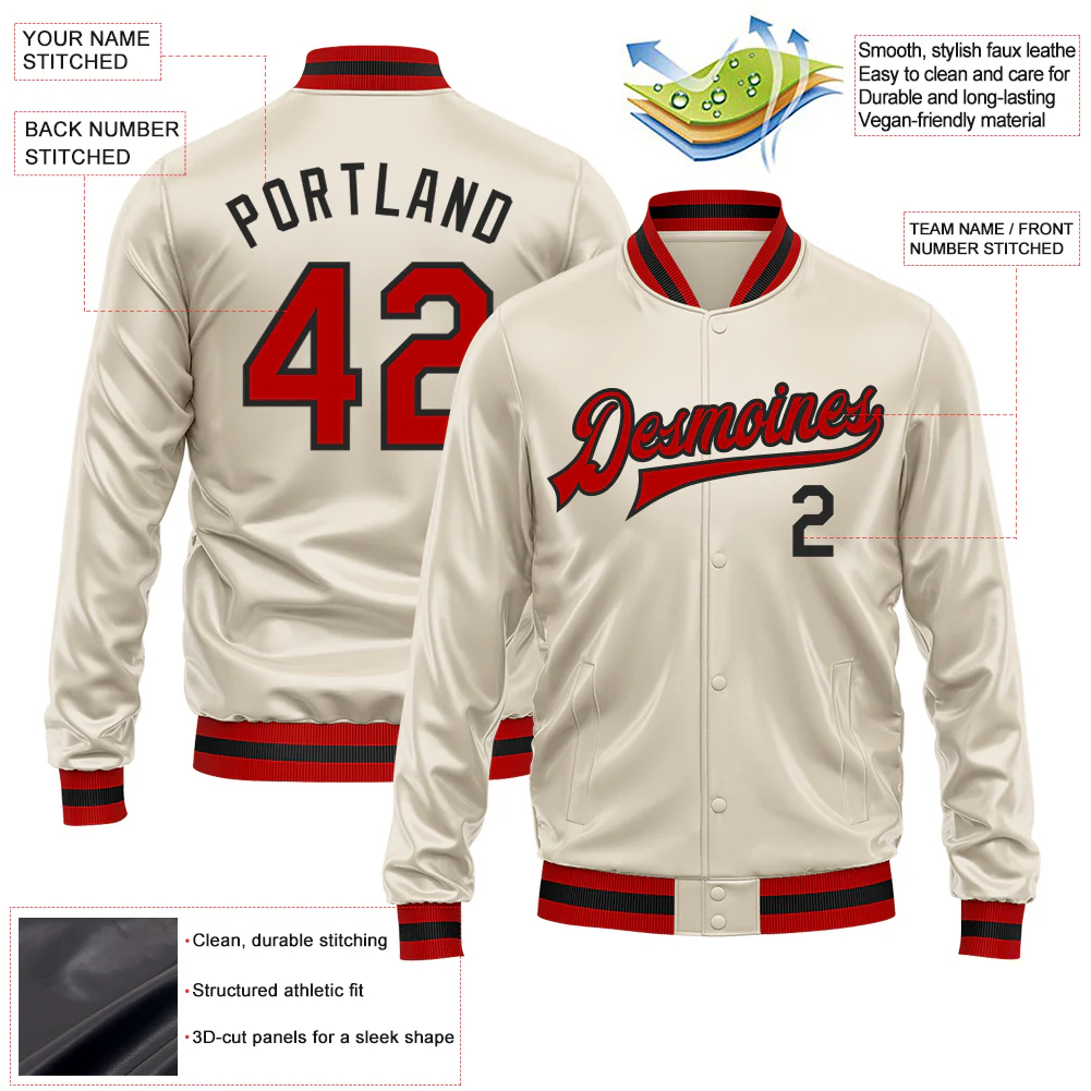 Custom Cream Red-Black Bomber Full-Snap Varsity Faux Leather Letterman Jacket