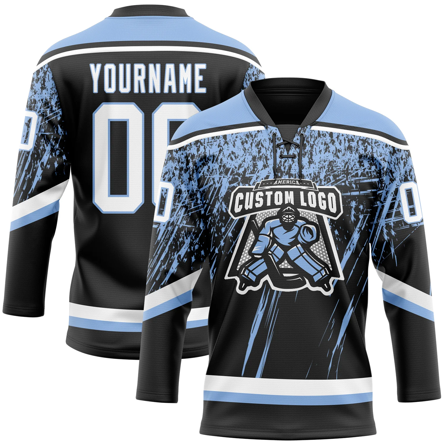 Custom Black White-Light Blue 3D Splash Hockey Lace Neck Jersey