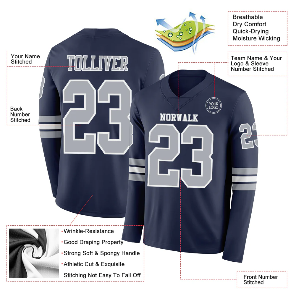 Custom Navy Gray-White Long Sleeve Authentic Football Jersey