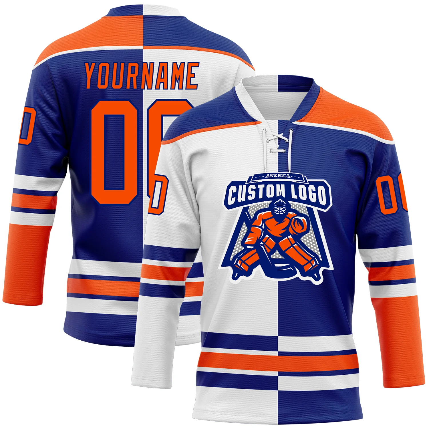 Custom Royal Orange-White Split Fashion Hockey Lace Neck Jersey
