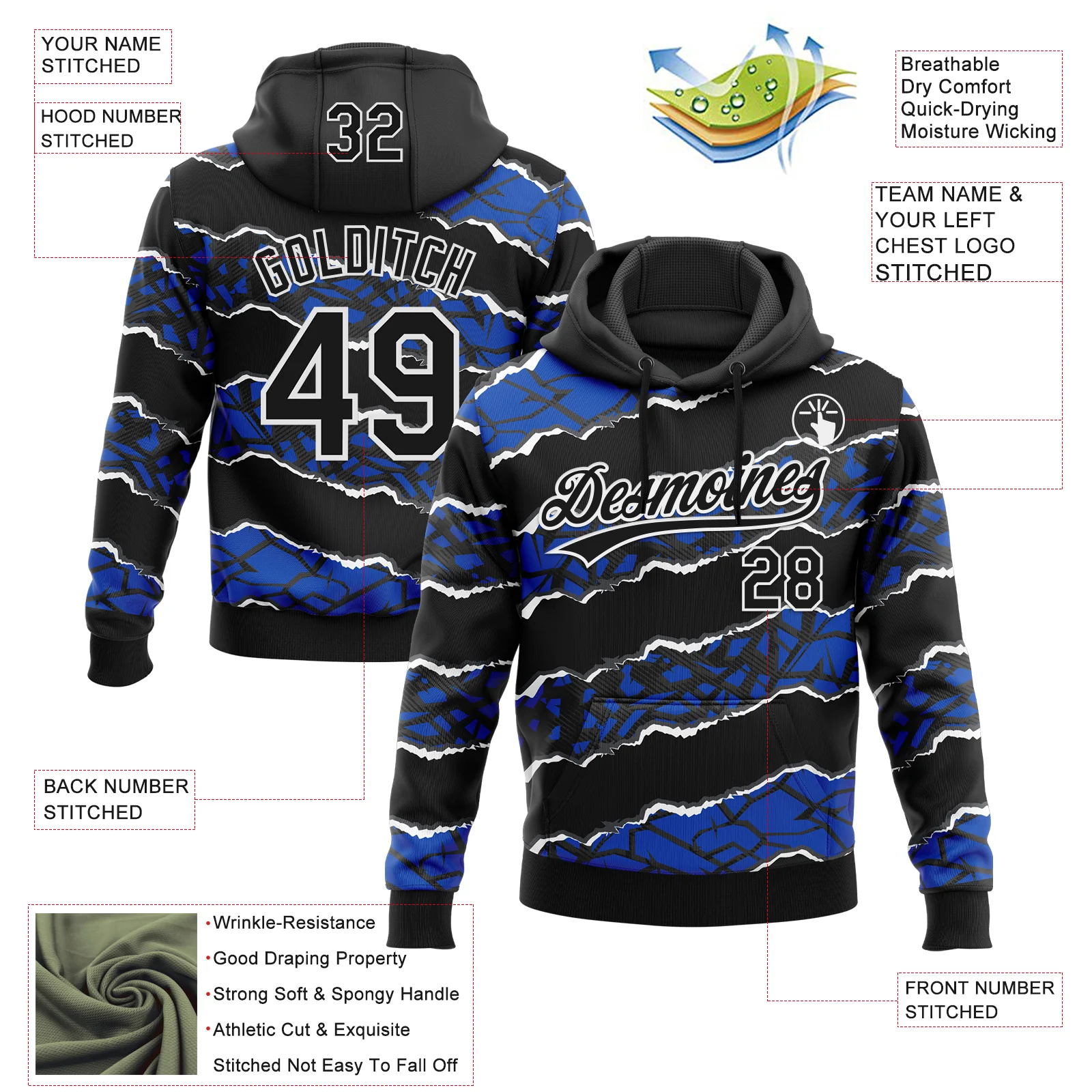 Custom Stitched Black Thunder Blue-White 3D Pattern Design Torn Paper Style Sports Pullover Sweatshirt Hoodie